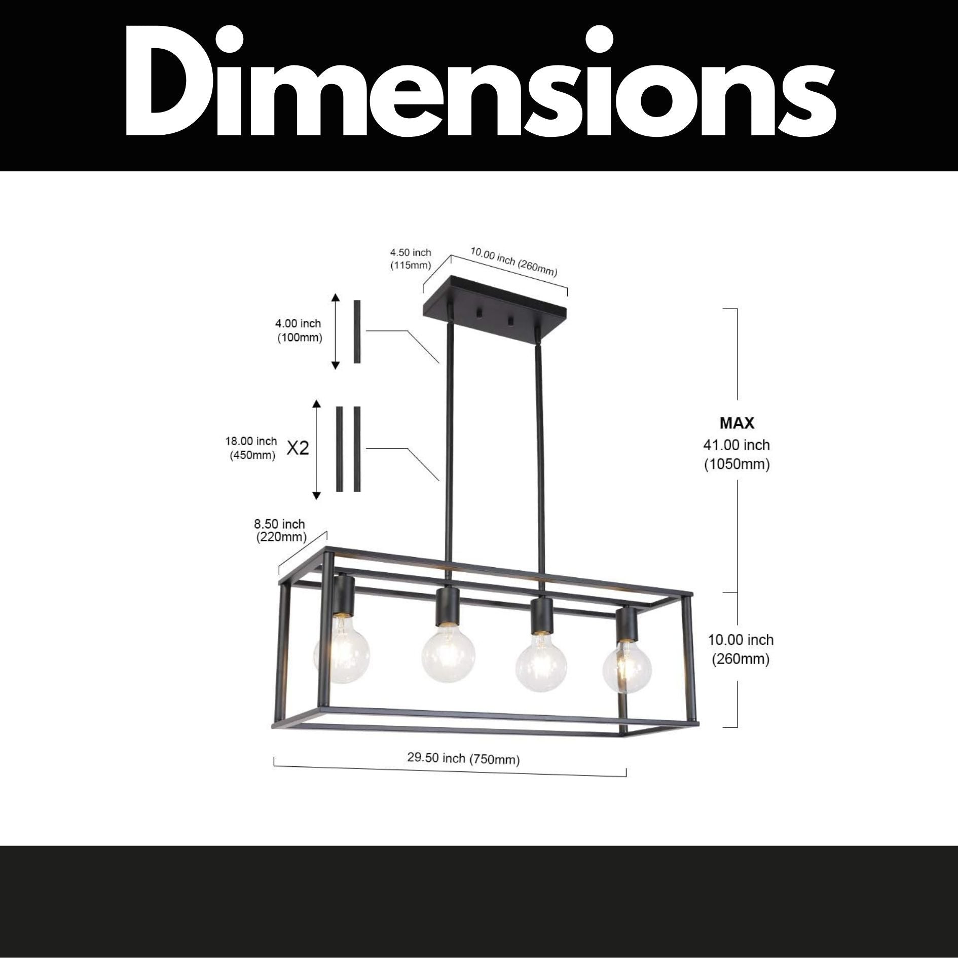 Pendant Lighting 4 Light Industrial Vintage Open Frame Rectangle Chandeliers Modern Black Linear Cage Ceiling Light Fixture Black Metal