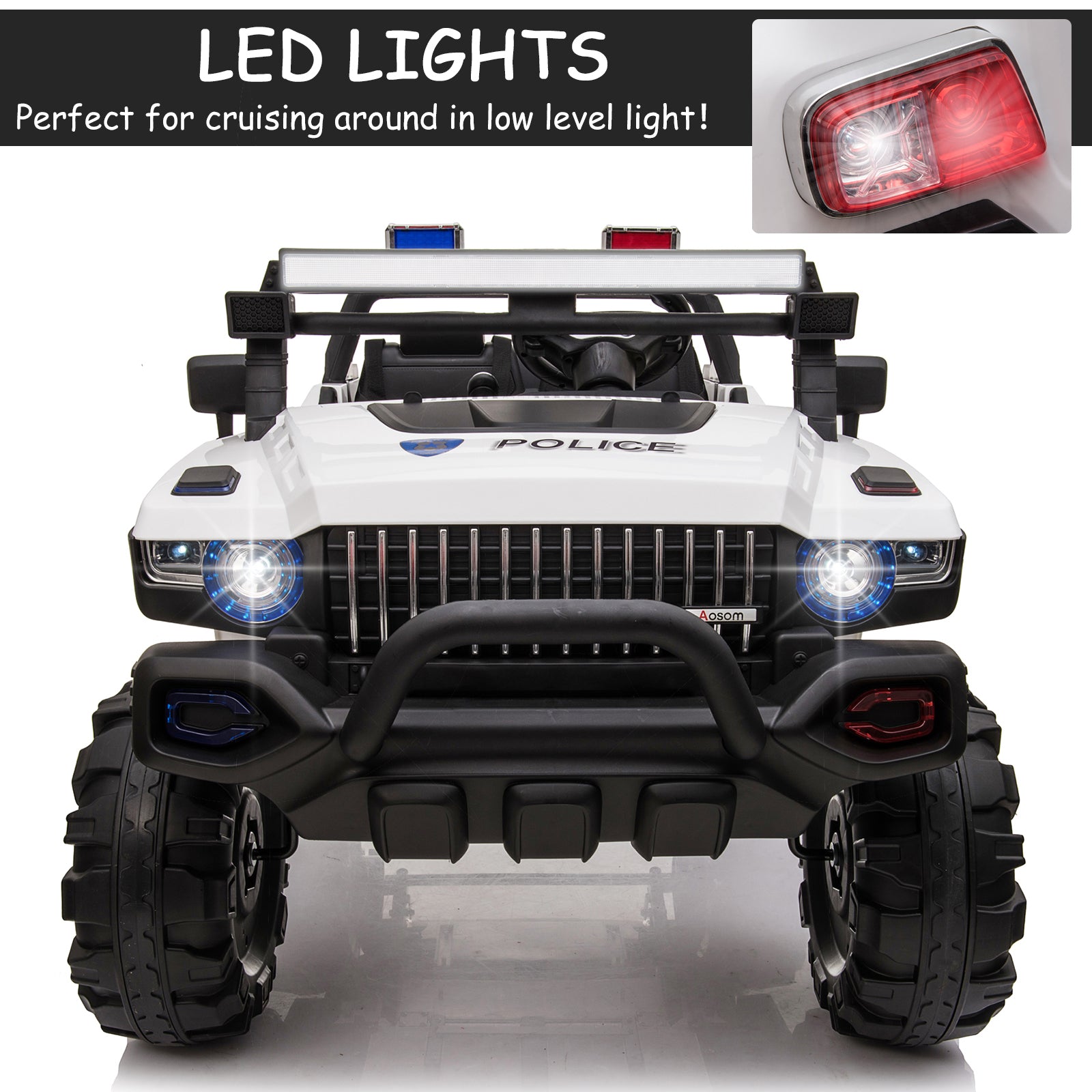 Aosom Big Size 53"L 2 Seater 12V Police Car Ride On Truck With Remote Control And Siren, Battery Operated Electric Car For Kids With Suspension, Mp3 Player, Lights, Music, Horn, White White Steel