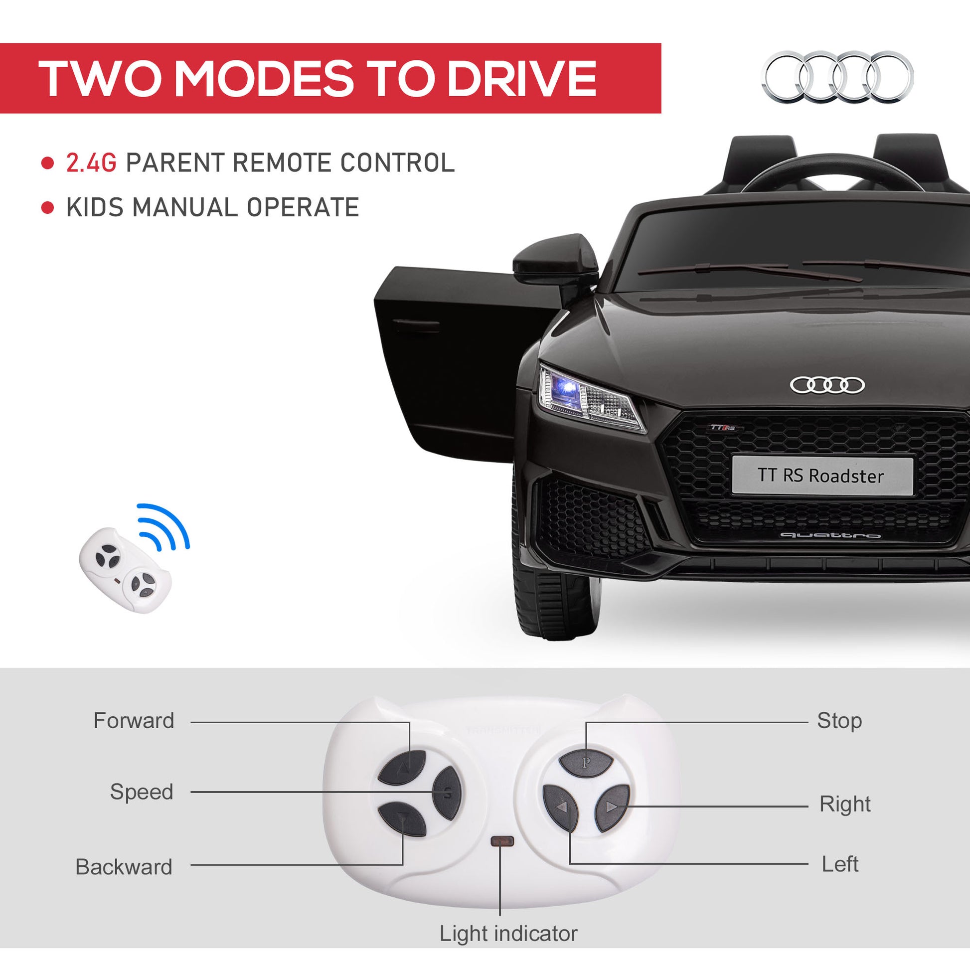 Aosom 6V Kids Electric Ride On Car, Licensed Audi Tt Rs With Suspension System And Remote Control, Horn, 5 Songs, Lights, Mp3 Player Black Black Steel