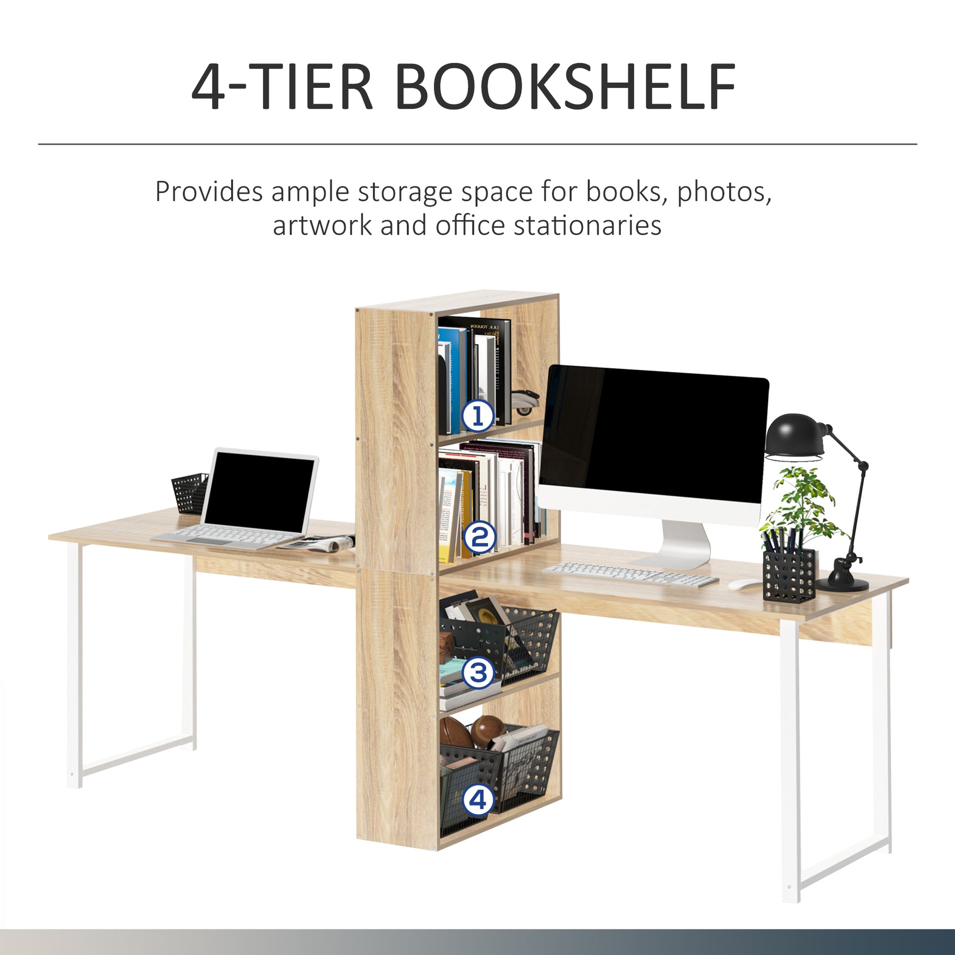 Homcom 88" Extra Long 2 Person Computer Desk With Storage Shelves Combo, Double Workstation Storage Study Writing Table For Home Office, Bookshelf, Natural Wood Color Natural Particle Board