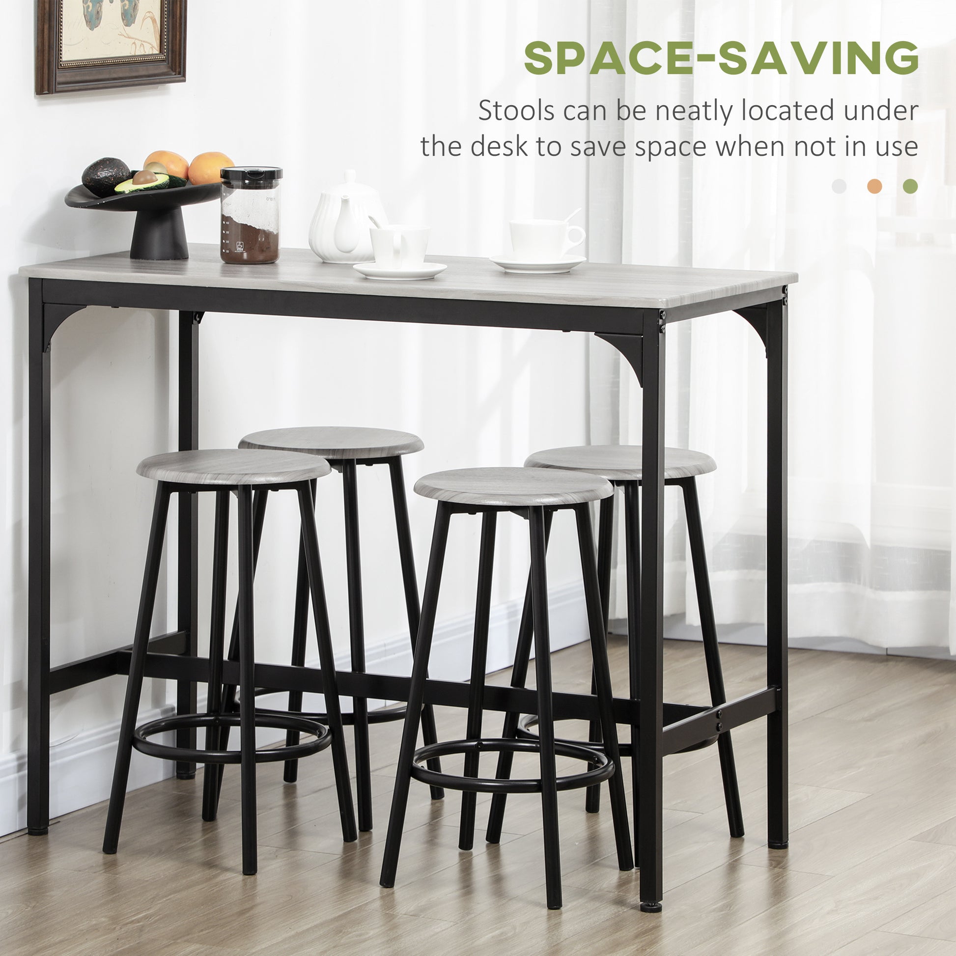 Homcom 5 Piece Counter Height Bar Table Set, Rustic 43.25" Dining Table With 4 Bar Stools, Kitchen Table With Wooden Top For Pub, Dining Room, Gray Gray Mdf