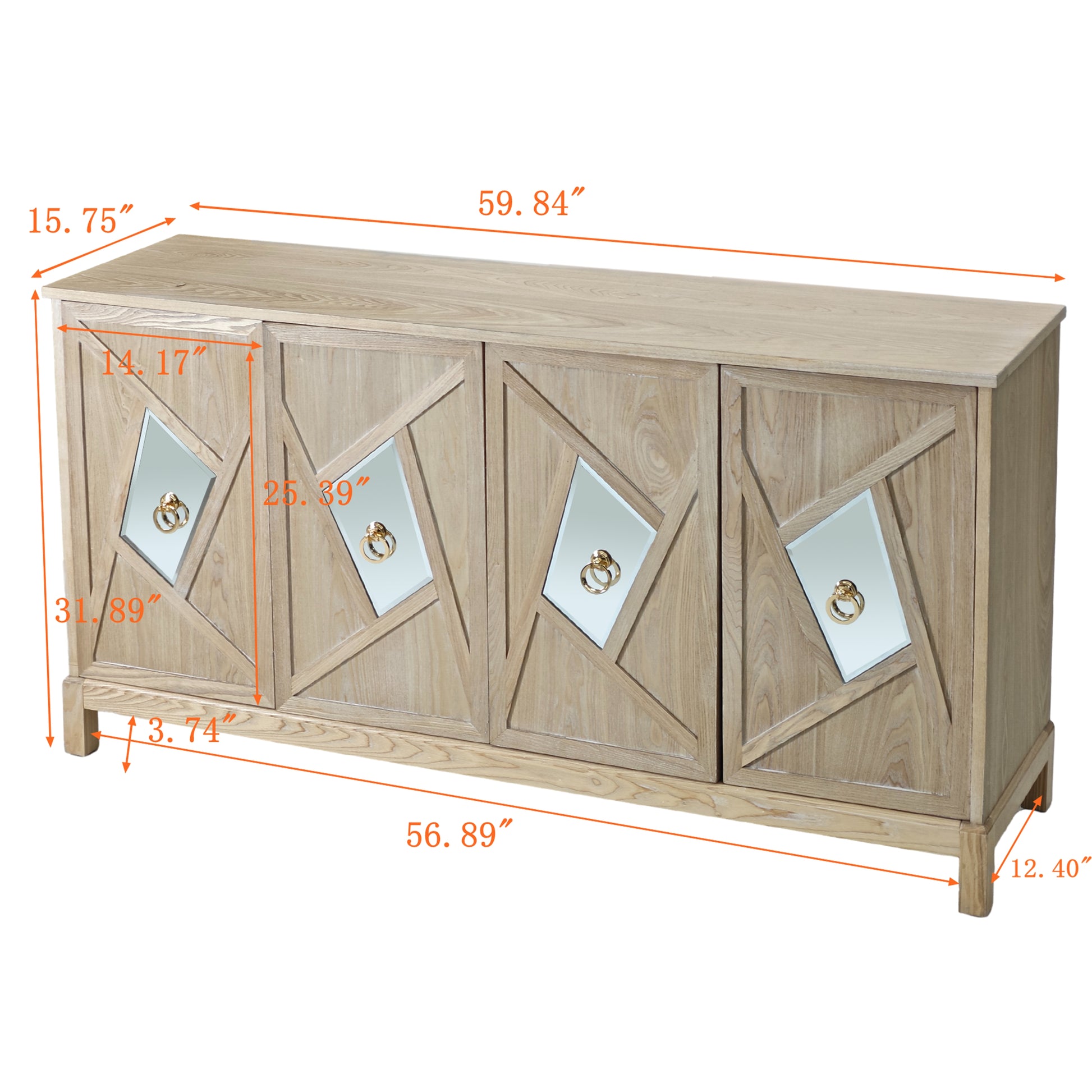 Modern 4 Door Cabinet With Mirrored Decorative Doors,For Bedroom,Living Room,Office,Easy Assembly, Wood Color Wood Mdf