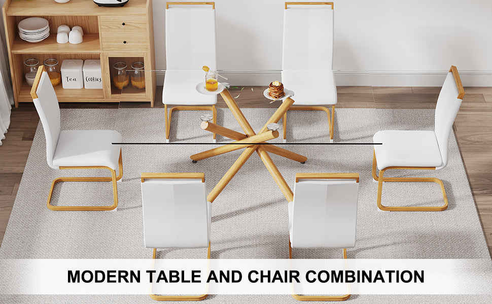 1 Table With 6 Chairs. Glass Dining Table With 0.39 "Tempered Glass Tabletop And Wooden Metal Legs. Pu Leather High Backrest Cushioned Side Chair With C Shaped Chrome Metal Legs. Transparent Glass