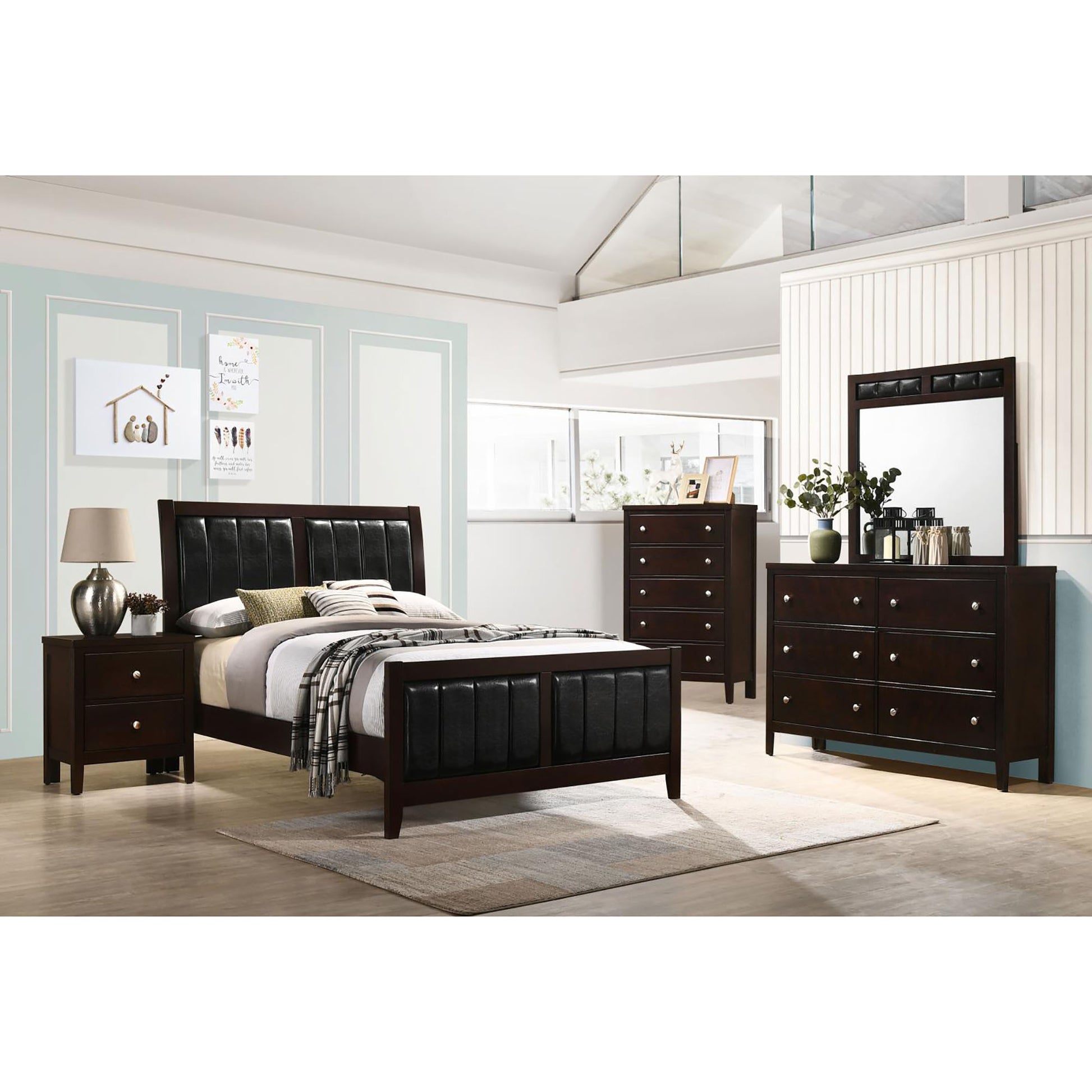 Cappuccino And Black Tufted Full Panel Bed Box Spring Required Full Brown Wood Bedroom Contemporary,Modern Rubberwood Panel Faux Leather Wood