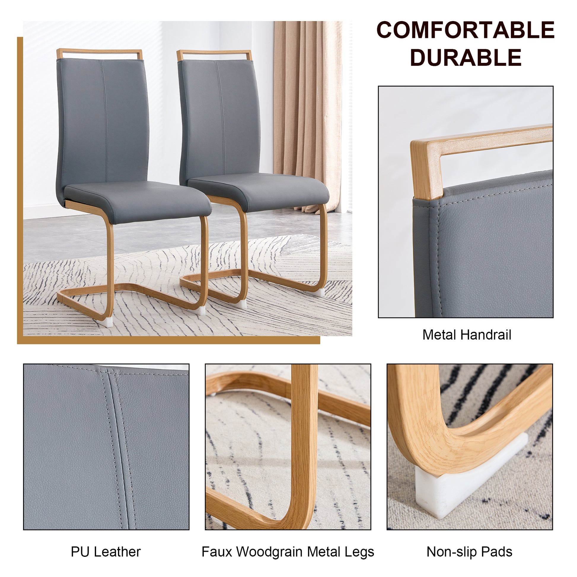 1 Table And 4 Chairs. Glass Dining Table With 0.39 "Tempered Glass Tabletop And Wooden Metal Legs.Grey Puleather High Backrest Soft Padded Side Chair With Wooden Color C Shaped Tube Chrome Metal Leg Transparent Glass