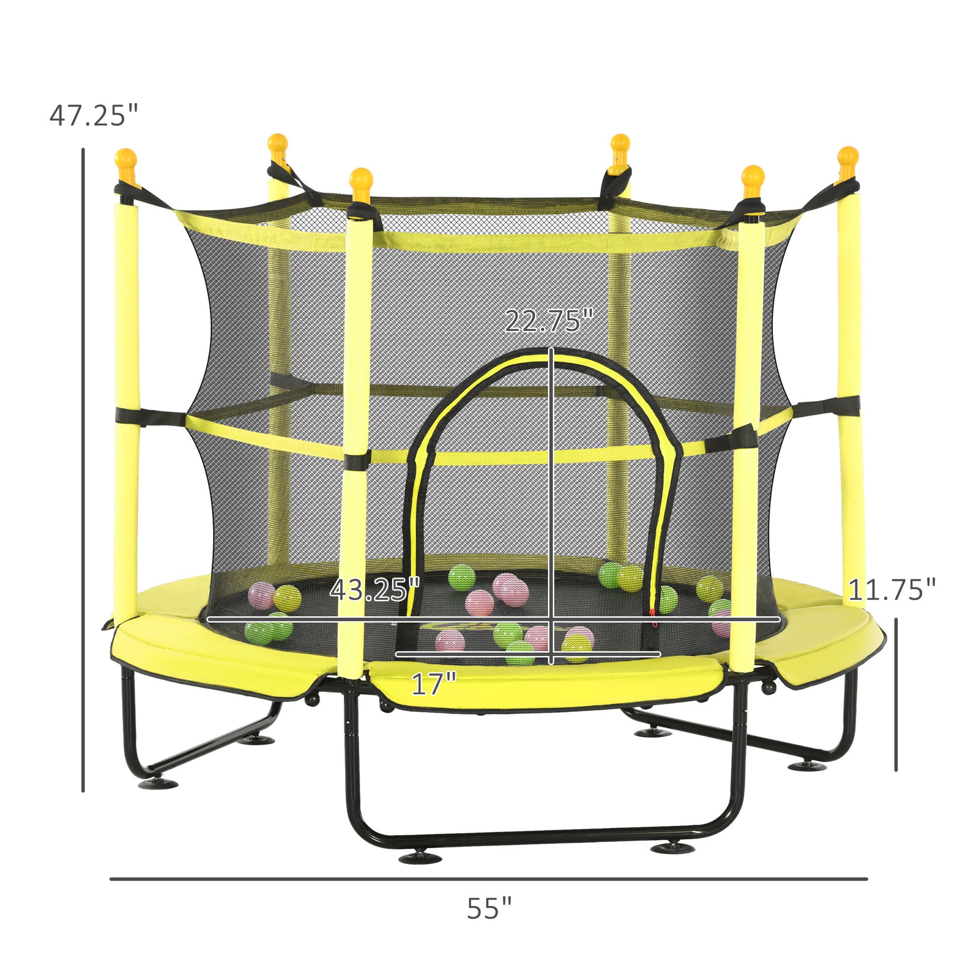 Qaba 4.6' Trampoline For Kids, 55 Inch Toddler Trampoline With Safety Enclosure & Ball Pit For Indoor Or Outdoor Use, Built For Kids 3 10 Years, Yellow Yellow Steel