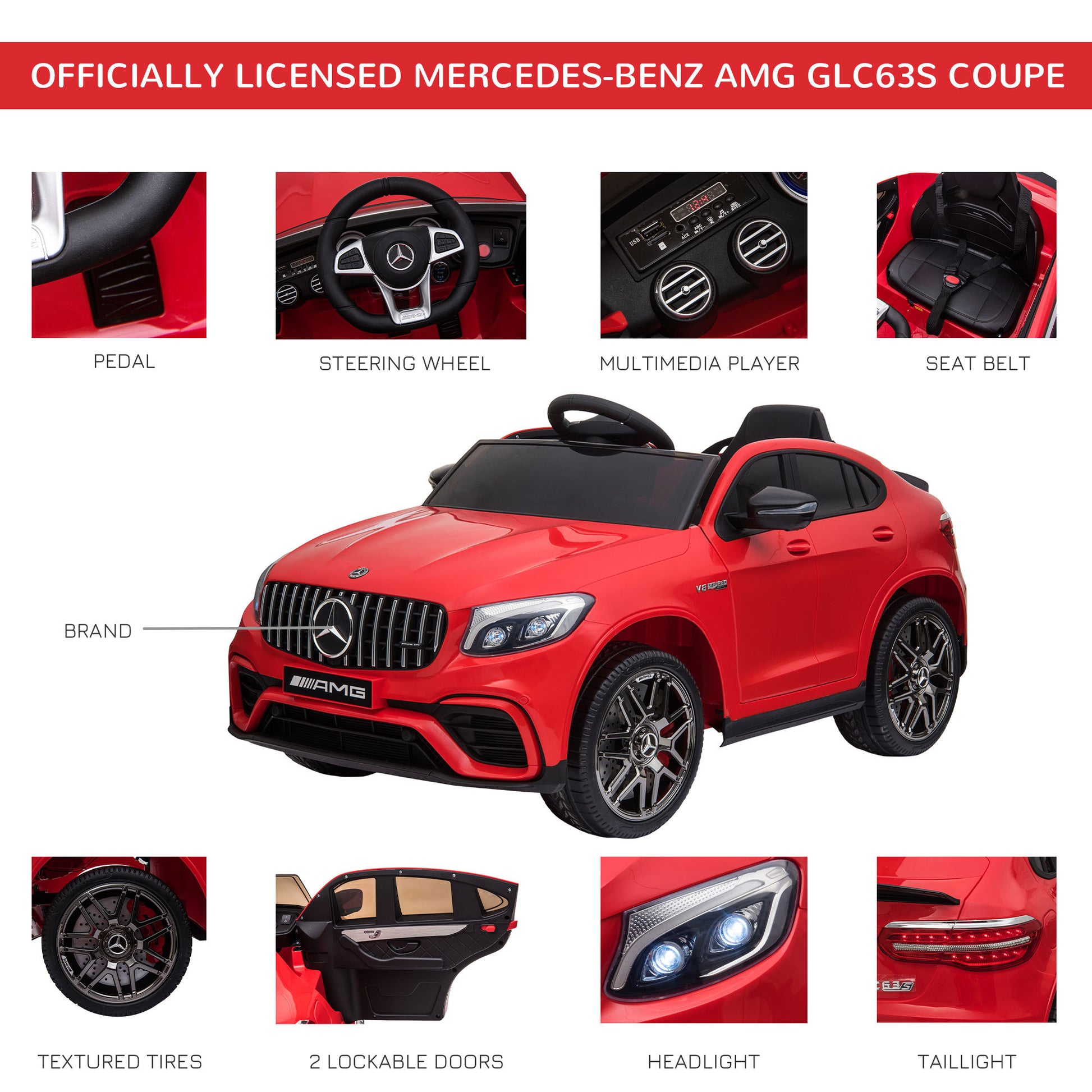 Aosom 12V Toddler Ride On Car With Remote Control, Mercedes Benz Amg Glc63S Coupe, Electric Car With 2 Speed, Mp3 Player, Light, Horn, Songs, Suspension, Red Red Steel