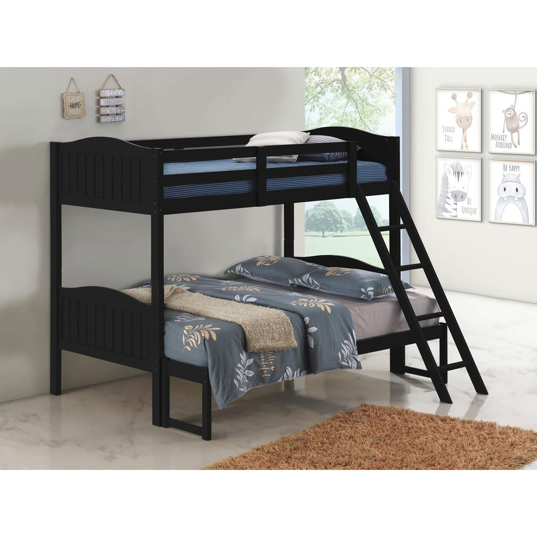 Black Twin Full Bunk Bed With Arched Headboard Black Wood Bedroom Transitional Rubberwood Bunk Wood