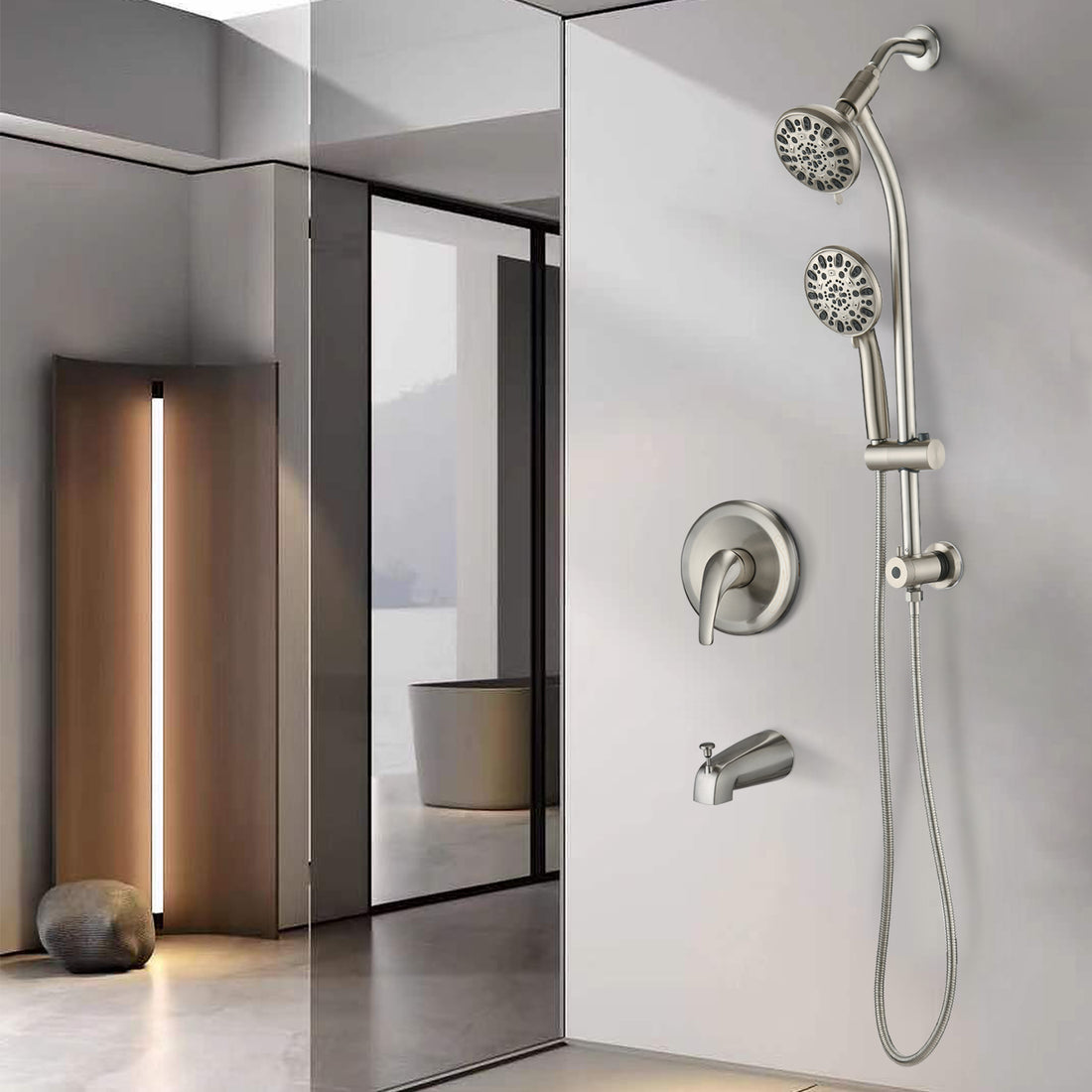 Drill Free Stainless Steel Slide Bar Combo Rain Showerhead 7 Setting Hand, Dual Shower Head Spa System With Tup Spout Rough In Valve Included Brushed Nickel Abs