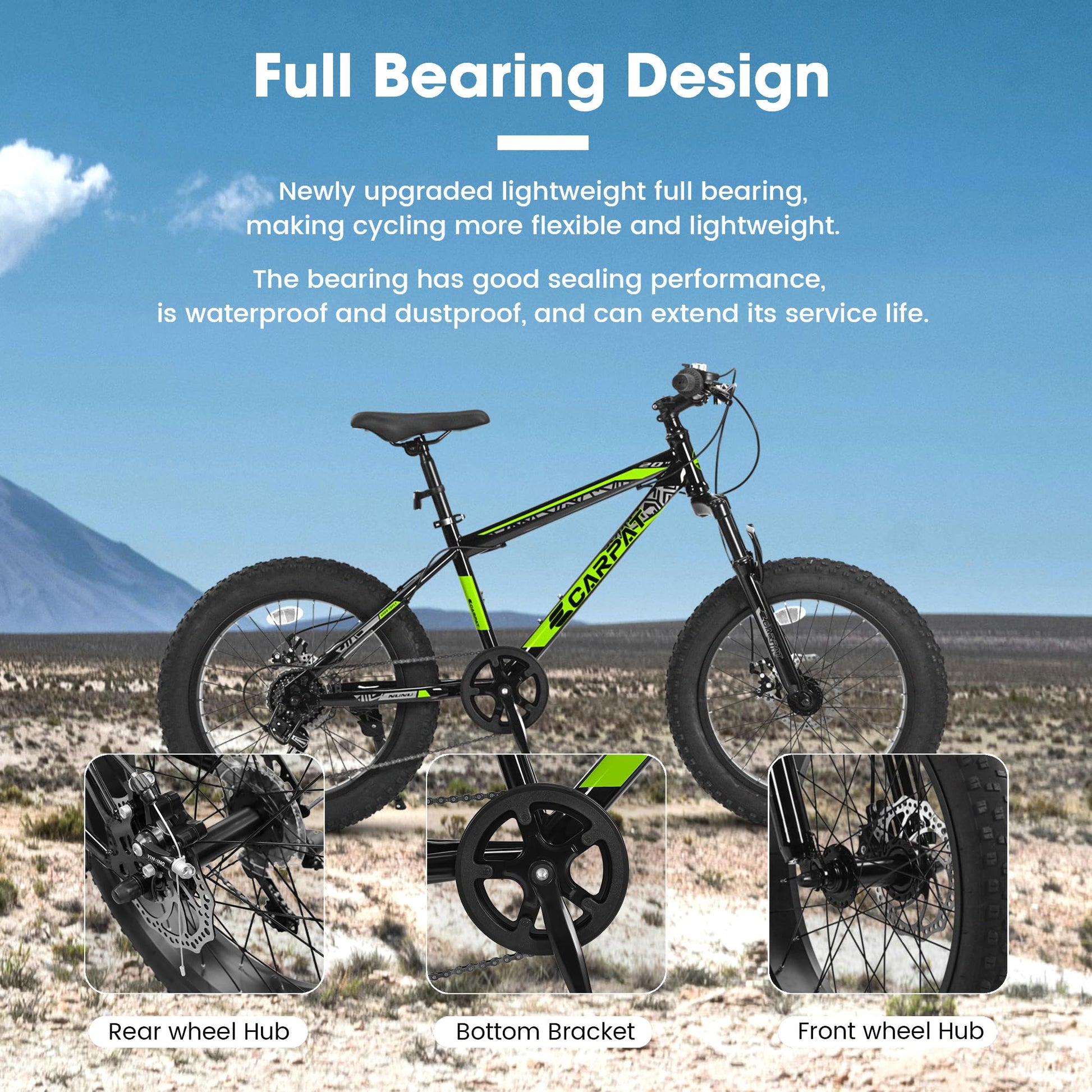 S20109 Kids' Bike 20 Inch Wheels Fat Tire Bike, 4" Wide Fat Tire Snow Mountain Bike Ages 8 12 Year Old, Steel Frame, 7 Speed Teenager Children Kids' Bicycles Cycling Blackish Green Without Durable Garden & Outdoor Modern,Sporty Multifunctional