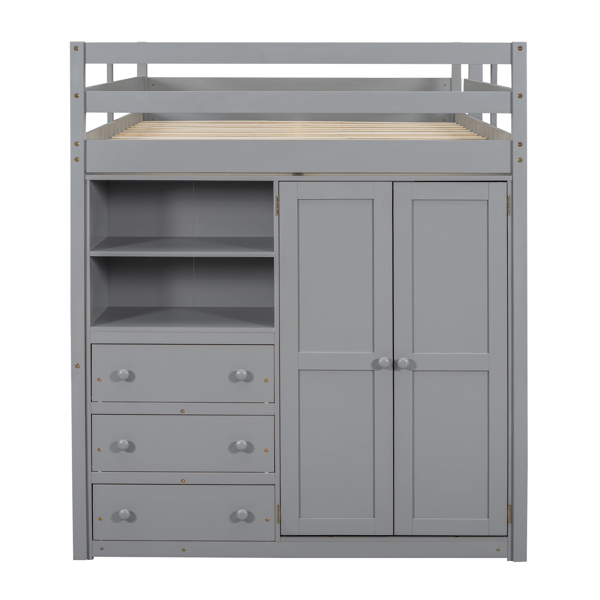 Wood Full Size Loft Bed With Built In Wardrobe, Desk, Storage Shelves And Drawers, Gray Box Spring Not Required Full Gray Wood Bedroom Bed Frame Solid Wood Mdf