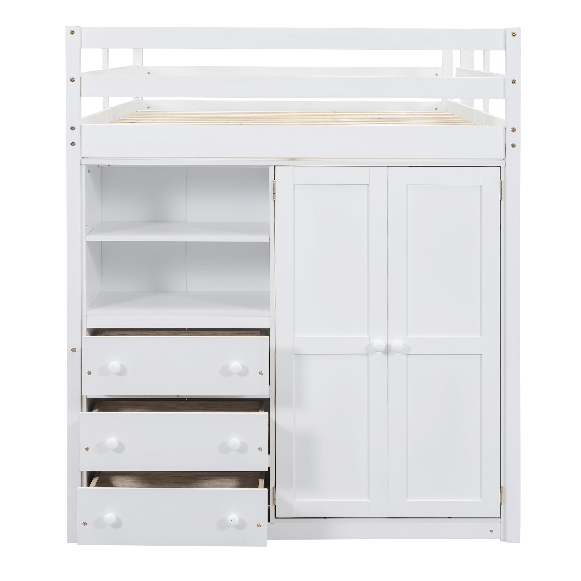 Wood Full Size Loft Bed With Built In Wardrobe, Desk, Storage Shelves And Drawers, White Box Spring Not Required Full White Wood Bedroom Bed Frame Solid Wood Mdf