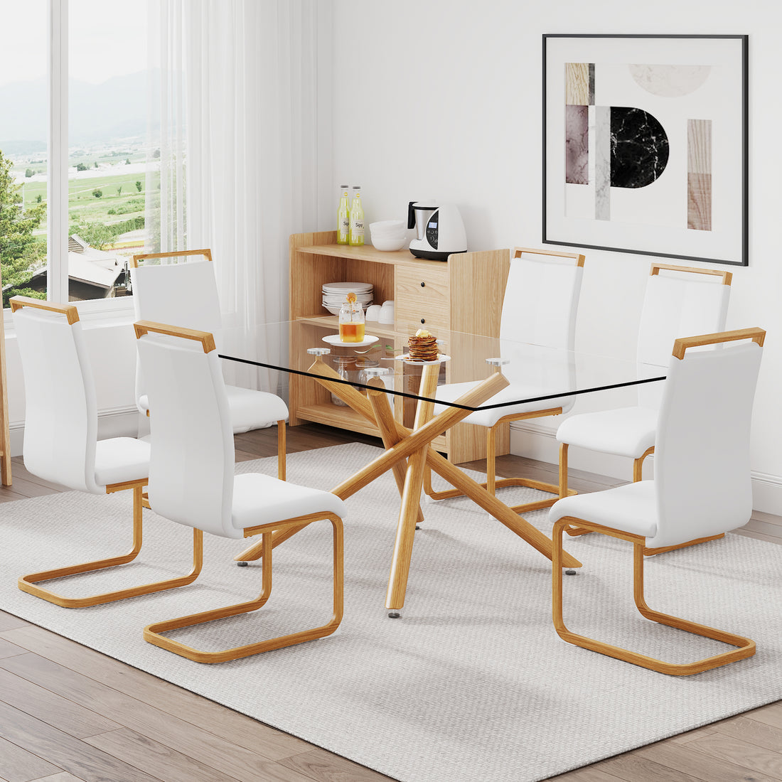 1 Table With 6 Chairs. Glass Dining Table With 0.39 "Tempered Glass Tabletop And Wooden Metal Legs. Pu Leather High Backrest Cushioned Side Chair With C Shaped Chrome Metal Legs. Transparent Glass