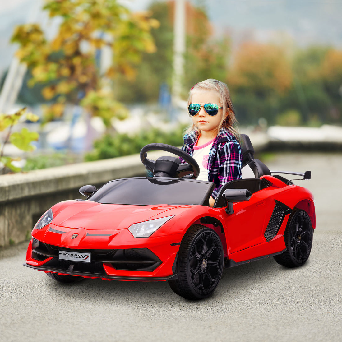 Aosom Lamborghini Aventador Licensed Kids Ride On Car With Scissor Doors, Easy Transport, 12V Electric Car For Kids With Remote Control, Suspension System, Horn, Music, Lights, Red Red Steel