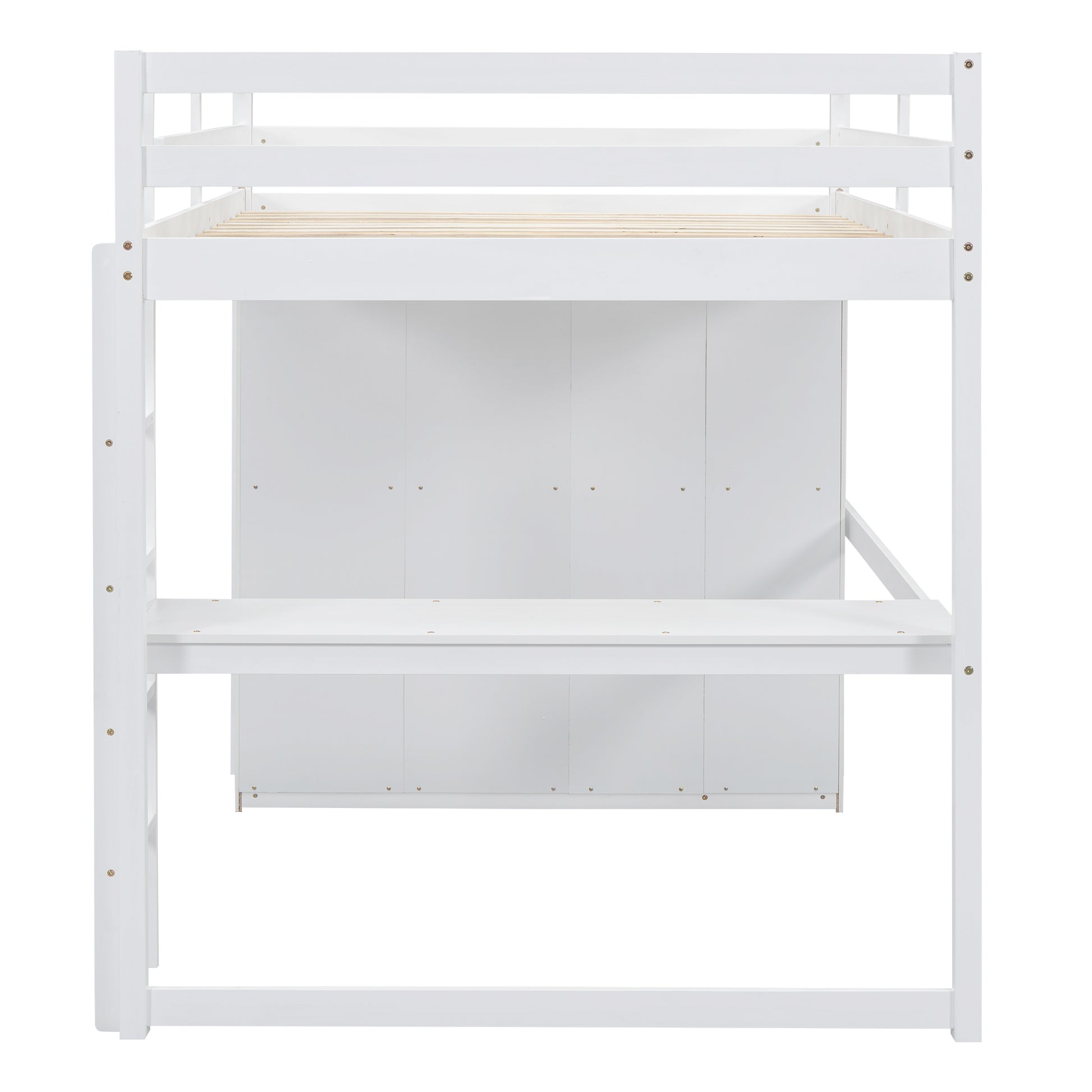 Wood Full Size Loft Bed With Built In Wardrobe, Desk, Storage Shelves And Drawers, White Box Spring Not Required Full White Wood Bedroom Bed Frame Solid Wood Mdf