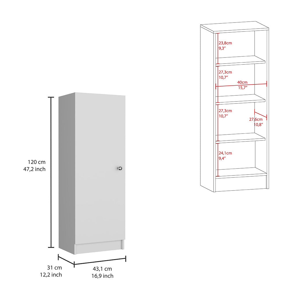 Kitchen Pantry 47" H, One Door Cabinet, Four Interior Shelves, White White Particle Board Particle Board