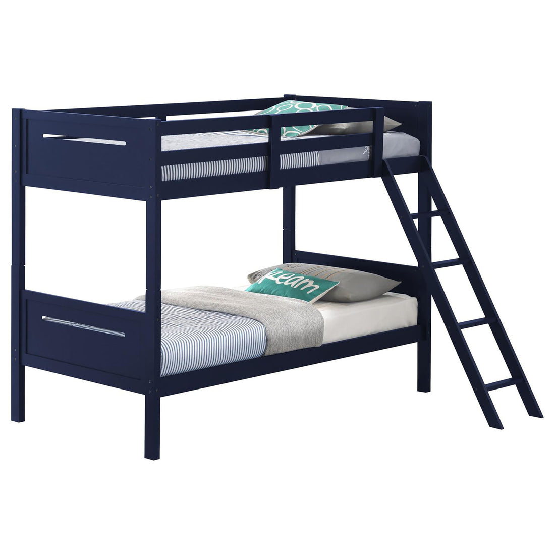 Blue Twin Twin Bunk Bed With Built In Ladder Blue Bedroom Transitional Rubberwood Wood