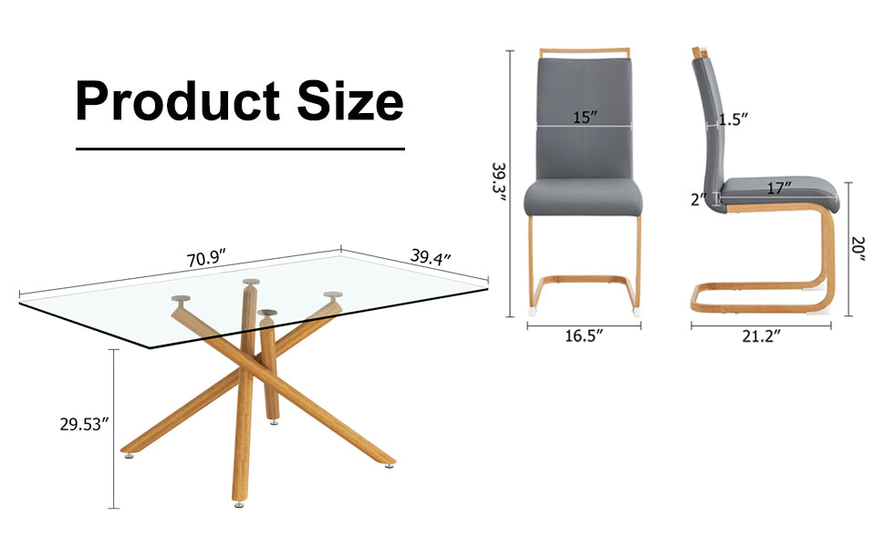 1 Table With 6 Chairs. Glass Dining Table With 0.39 "Tempered Glass Tabletop And Wooden Metal Legs. Pu Leather High Backrest Cushioned Side Chair With C Shaped Chrome Metal Legs. Transparent Glass