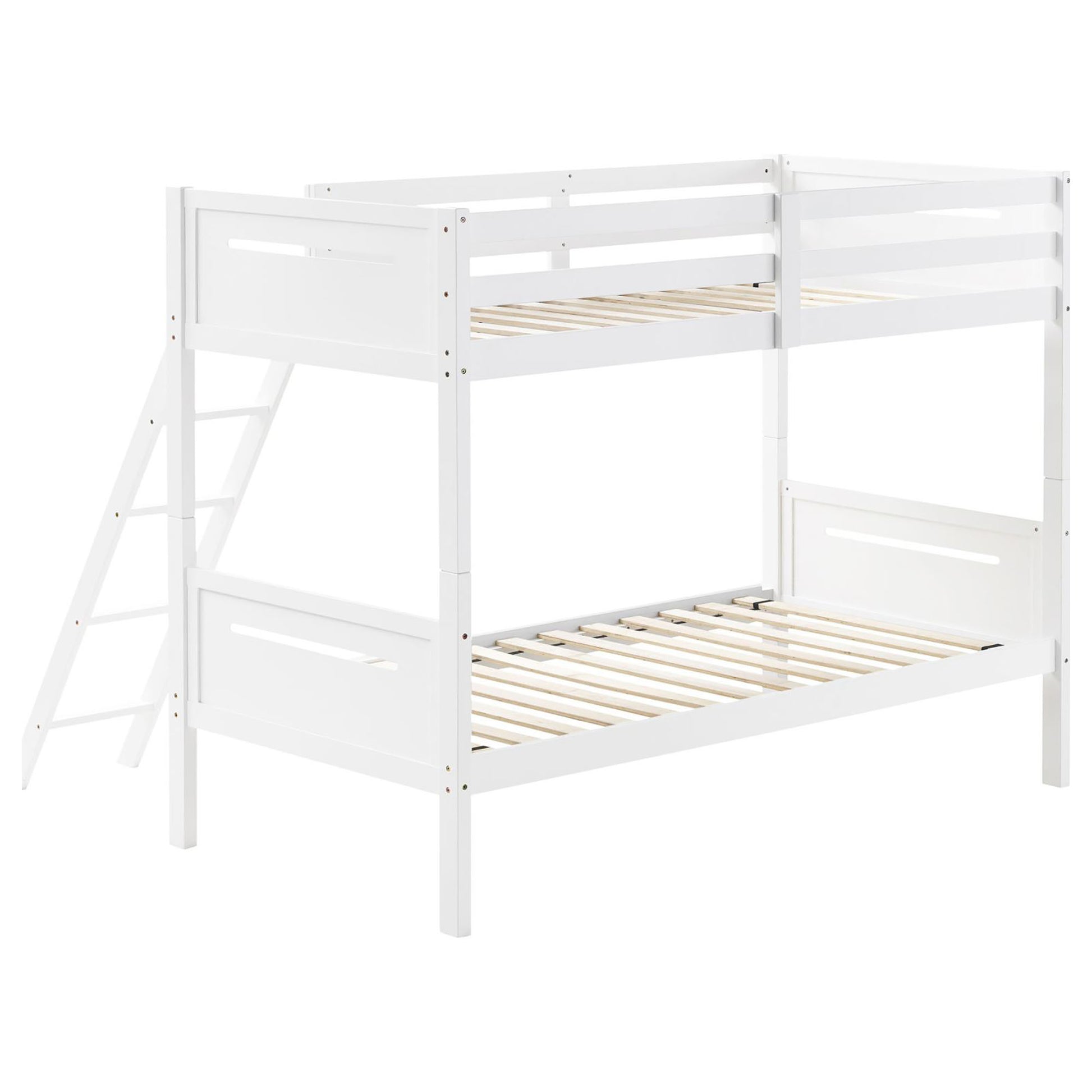 White Twin Twin Bunk Bed With Built In Ladder Twin White Wood White Bedroom Transitional Rubberwood Bunk Wood