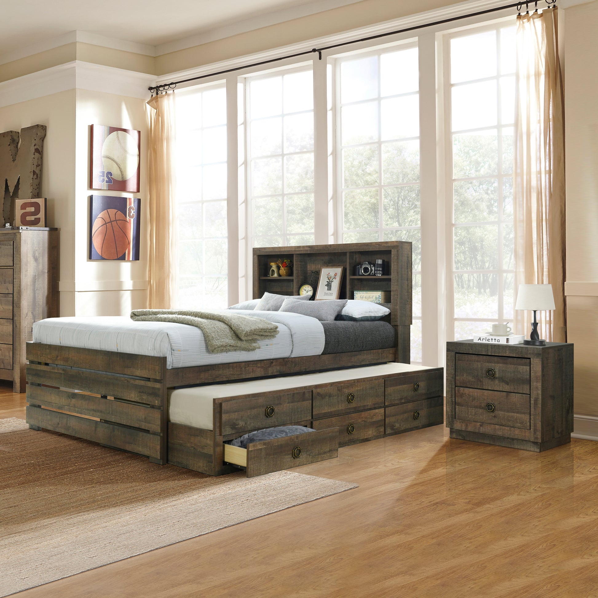 2 Pieces Bedroom Sets Farmhouse Style Twin Size Bookcase Captain Bed And Nightstand, Rustic Brown Twin Rustic Brown Bed Included,Nightstand Included Plywood