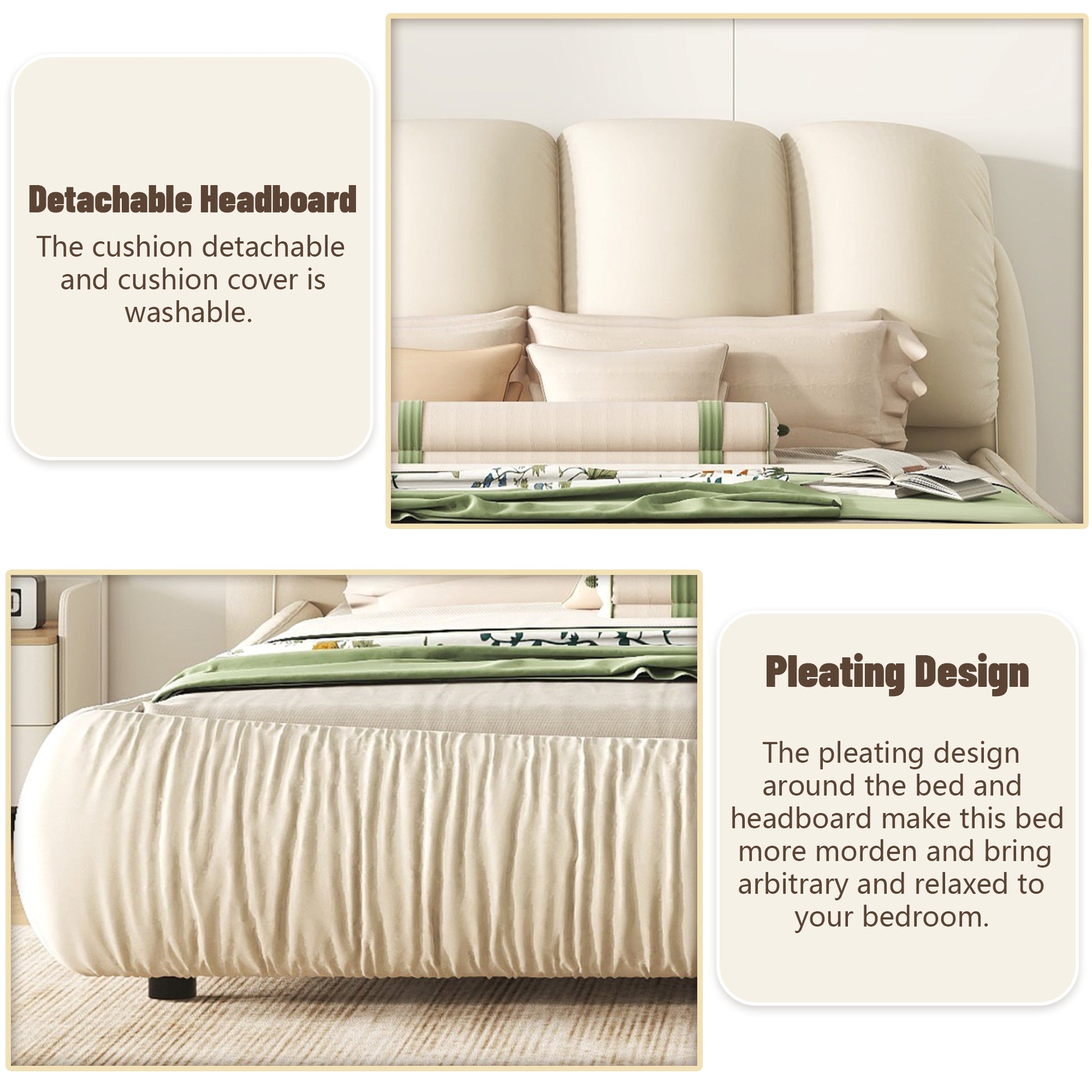 Queen Size Luxury Upholstered Bed With Thick Headboard, Velvet Queen Bed With Oversized Padded Backrest, Beige Expect Arrival Date 2024 4 9 Queen Beige Velvet