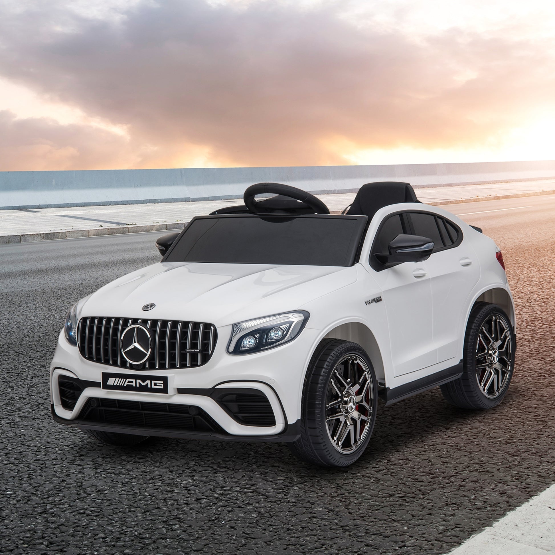 Aosom 12V Toddler Ride On Car With Remote Control, Mercedes Benz Amg Glc63S Coupe, Electric Car With 2 Speed, Mp3 Player, Light, Horn, Songs, Suspension, White White Steel