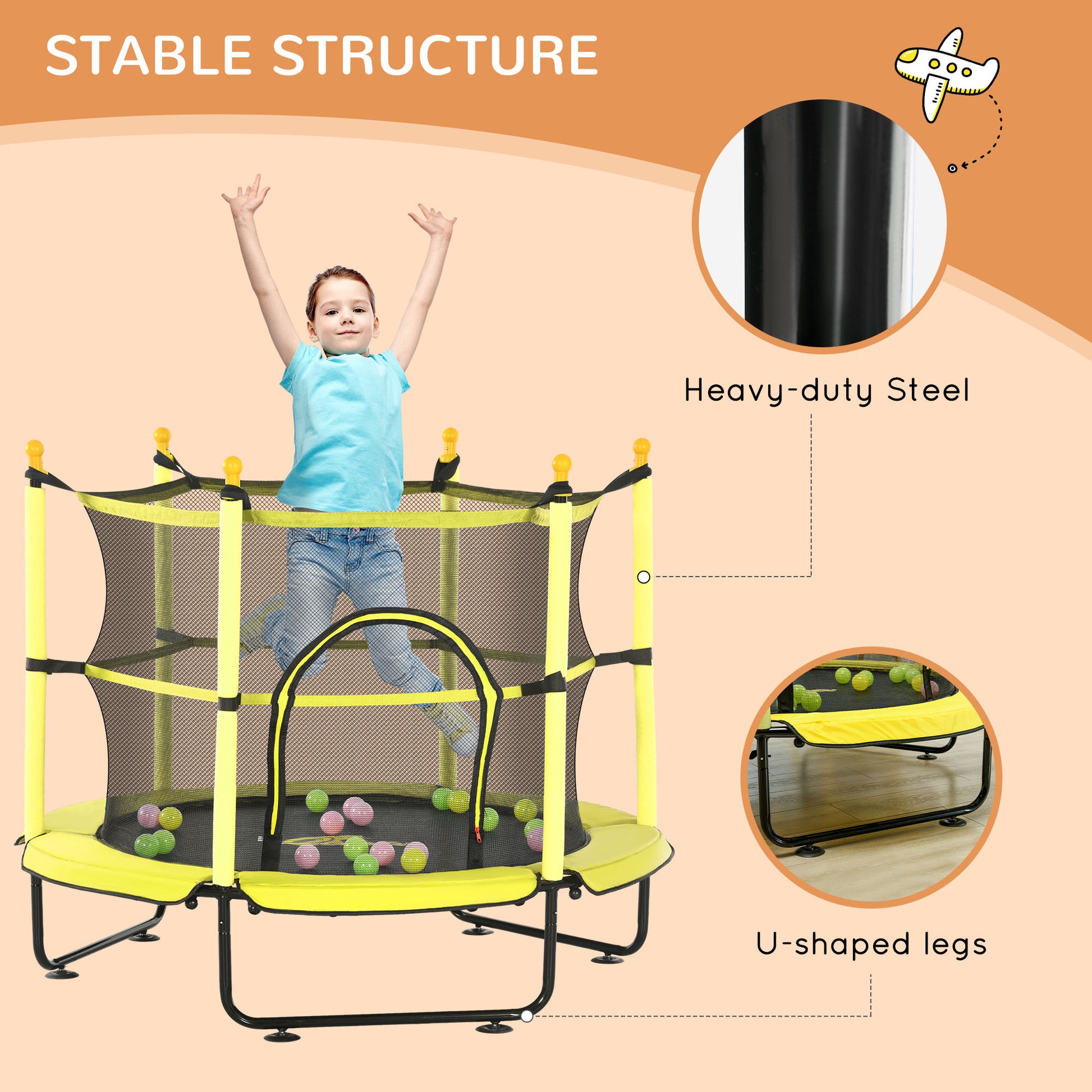 Qaba 4.6' Trampoline For Kids, 55 Inch Toddler Trampoline With Safety Enclosure & Ball Pit For Indoor Or Outdoor Use, Built For Kids 3 10 Years, Yellow Yellow Steel