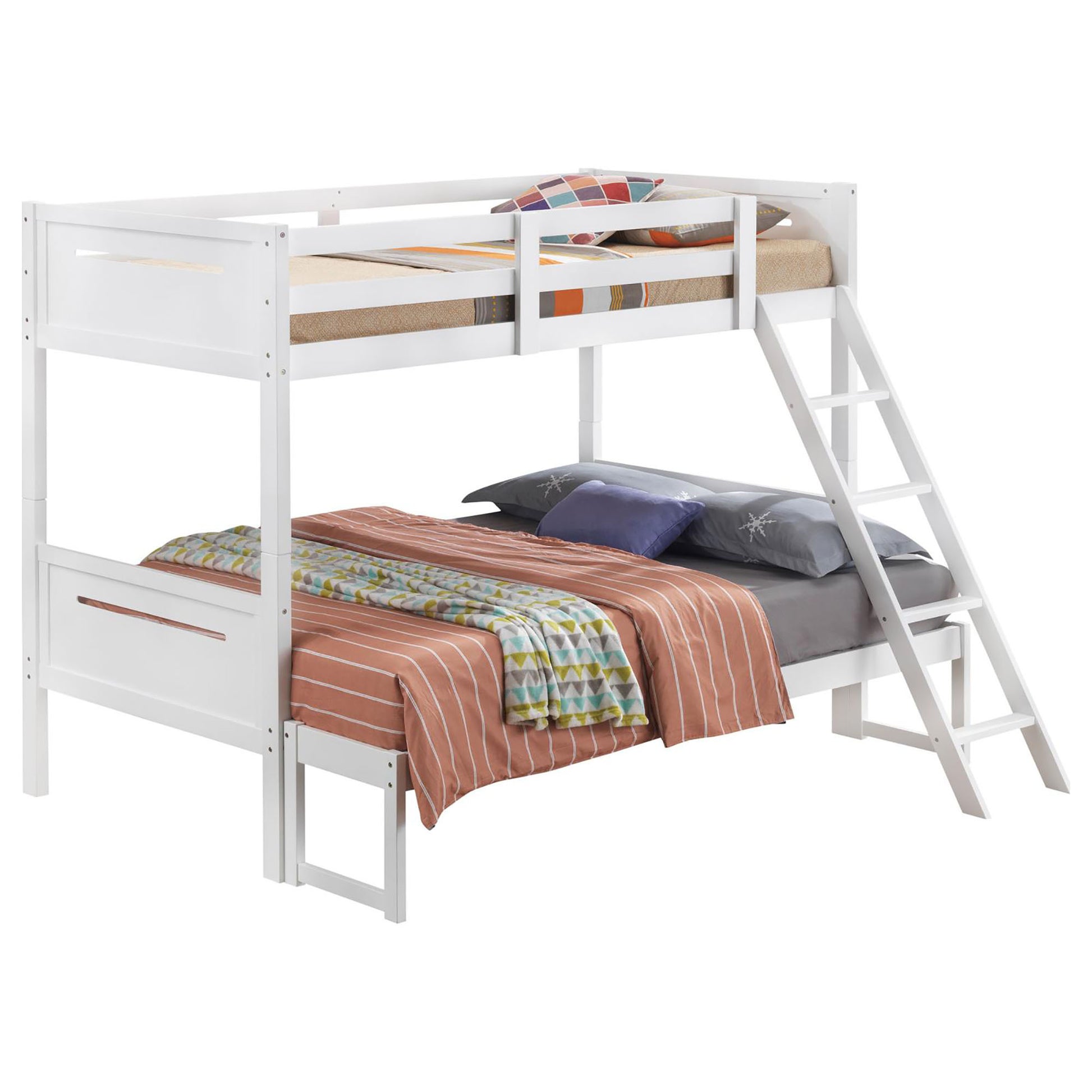 White Twin Full Bunk Bed With Built In Ladder White Wood White Bedroom Transitional Rubberwood Bunk Wood