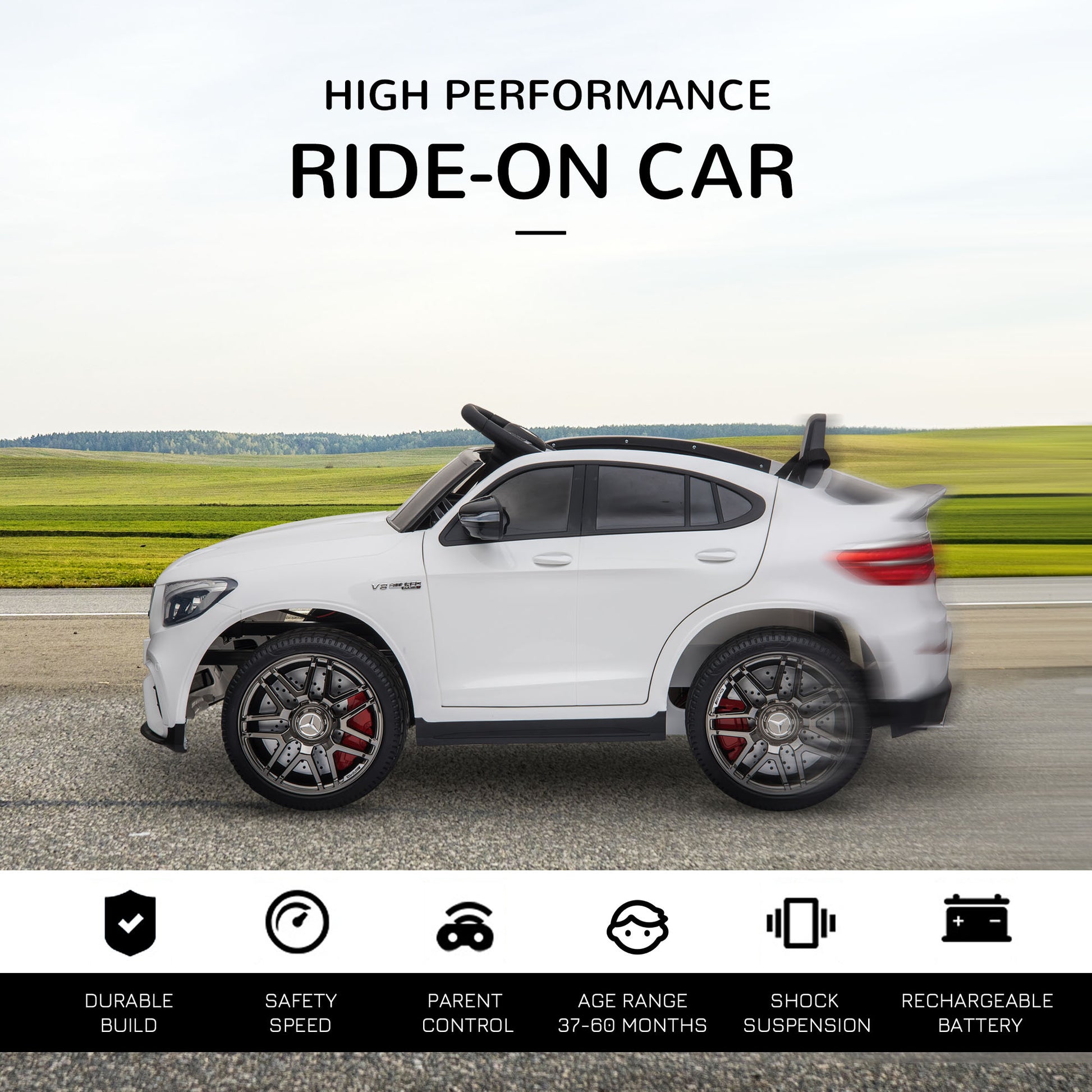 Aosom 12V Toddler Ride On Car With Remote Control, Mercedes Benz Amg Glc63S Coupe, Electric Car With 2 Speed, Mp3 Player, Light, Horn, Songs, Suspension, White White Steel