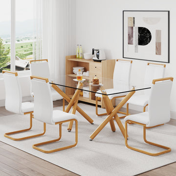 1 Table And 6 Chairs. Glass Dining Table With 0.39 "Tempered Glass Tabletop And Wooden Metal Legs. White Pu Leather High Backrest Soft Padded Side Chair With C Shaped Tube Chrome Metal Leg Transparent Glass