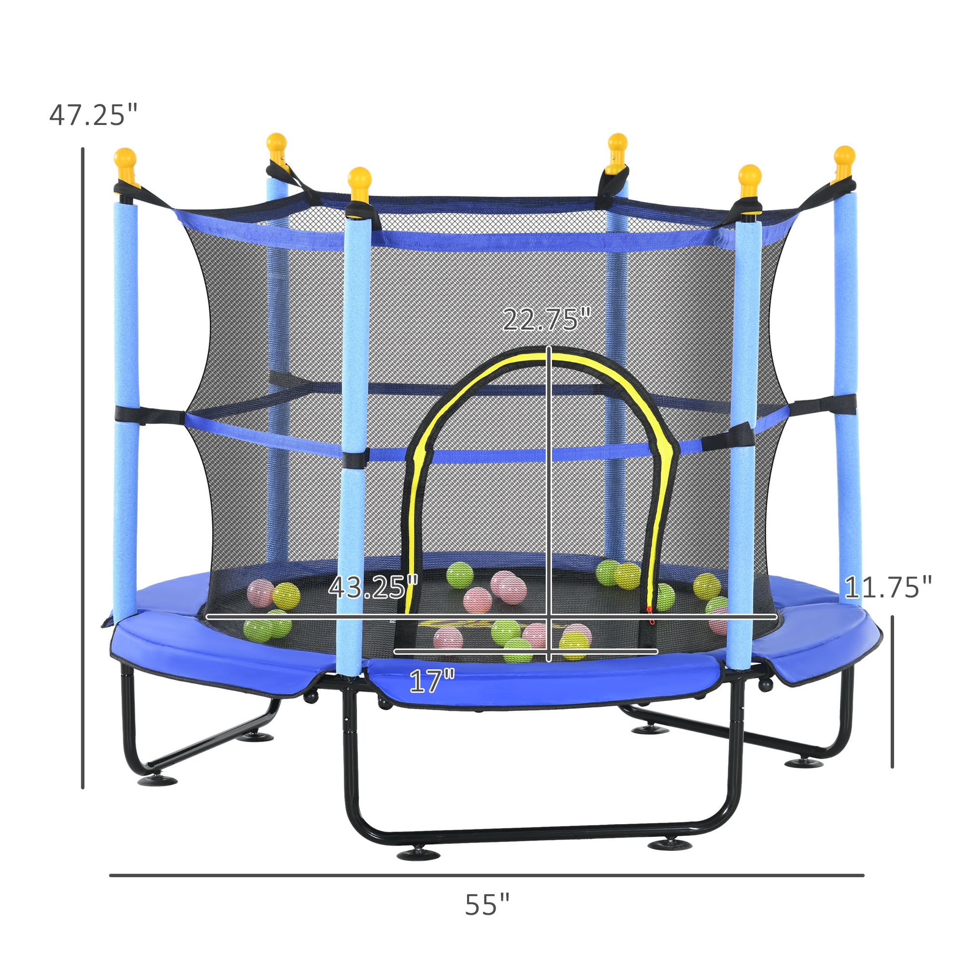 Qaba 4.6' Trampoline For Kids, 55 Inch Toddler Trampoline With Safety Enclosure & Ball Pit For Indoor Or Outdoor Use, Built For Kids 3 10 Years, Blue Blue Steel