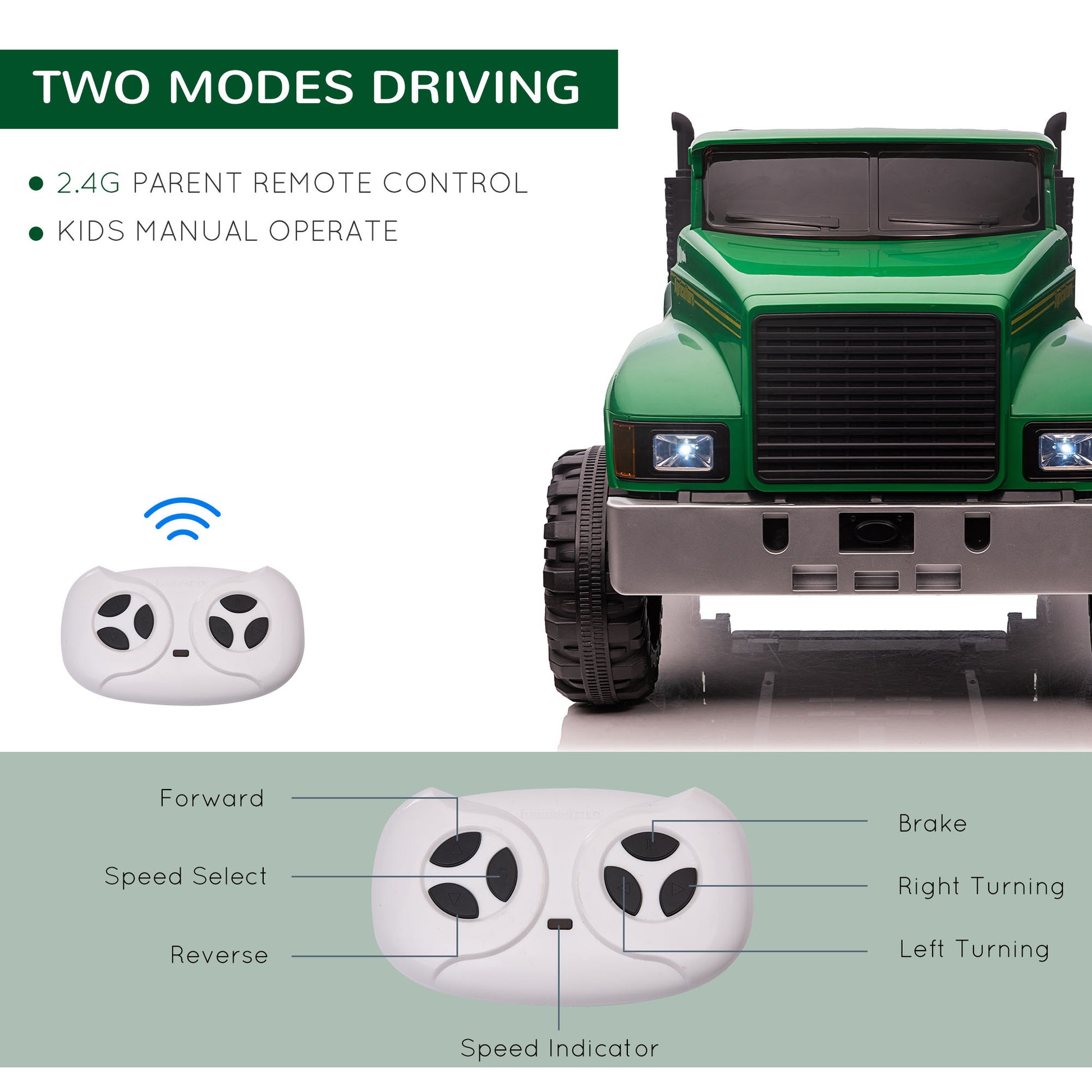 Aosom Ride On Tractor 2 Seater Battery Powered Car For Kids With Large High Traction Wheels, 12V Truck Ride On Toy With Rear Storage, Outdoor Toy, Green Green Steel