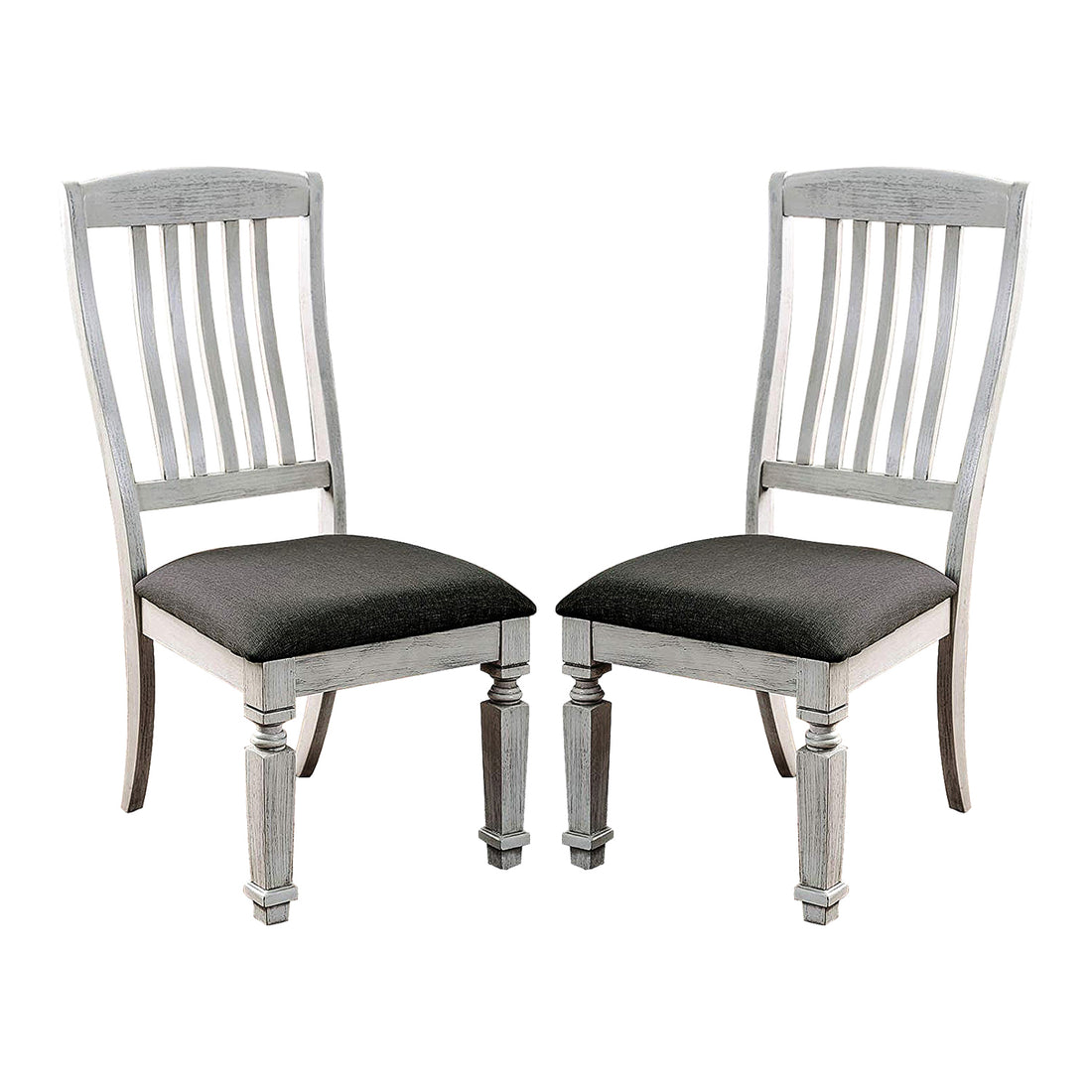 Set Of 2 Padded Fabric Seat Side Chairs In Antique White And Gray Solid Antique White Dining Room Dining Chairs Slat Back Wood Fabric