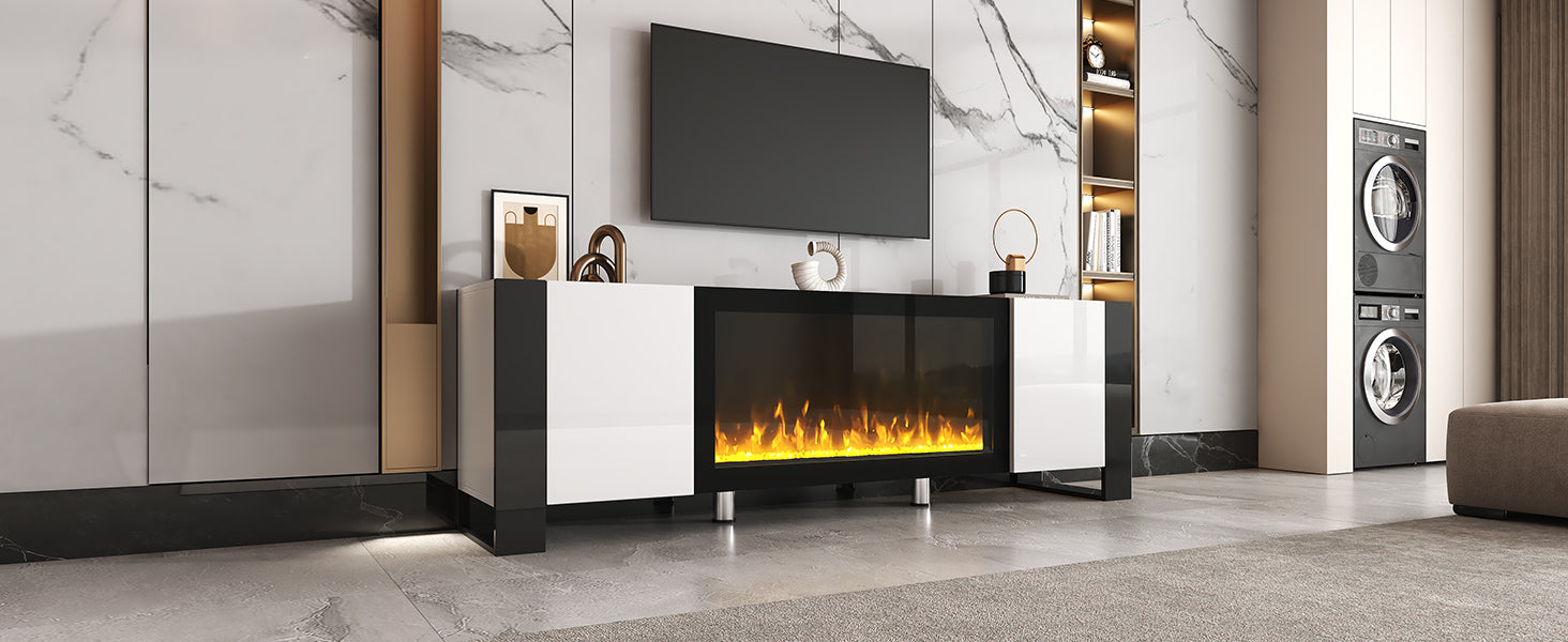 Modern Tv Stand With 34.2" Non Heating Electric Fireplace, High Gloss Entertainment Center With 2 Cabinets, Media Console For Tvs Up To 78", White White Primary Living Space 70 79 Inches 70 79 Inches Modern Mdf