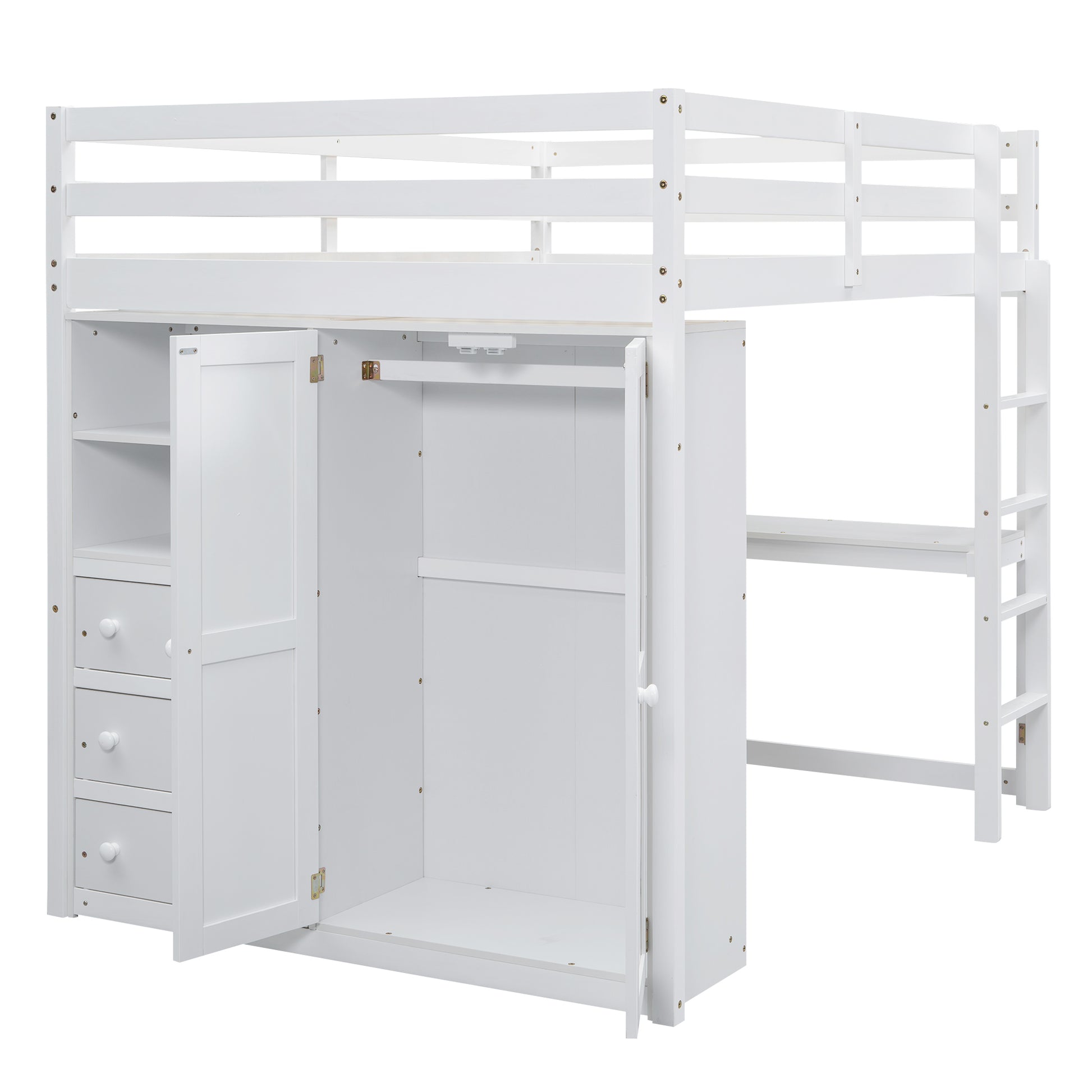 Wood Full Size Loft Bed With Built In Wardrobe, Desk, Storage Shelves And Drawers, White Box Spring Not Required Full White Wood Bedroom Bed Frame Solid Wood Mdf