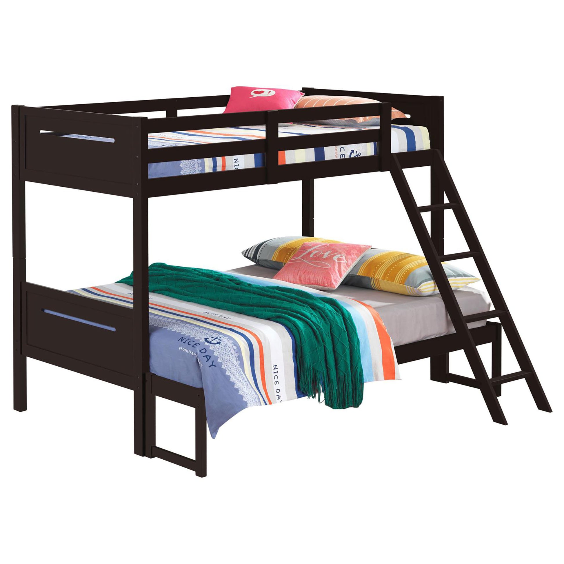 Espresso Twin Full Bunk Bed With Built In Ladder Brown Wood Espresso Bedroom Transitional Rubberwood Bunk Wood