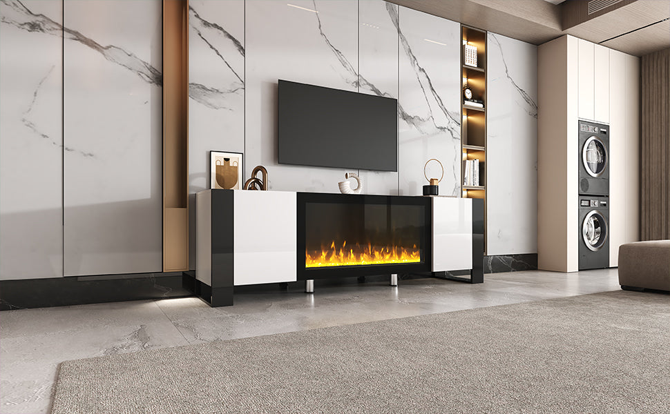 Modern Tv Stand With 34.2" Non Heating Electric Fireplace, High Gloss Entertainment Center With 2 Cabinets, Media Console For Tvs Up To 78", White White Primary Living Space 70 79 Inches 70 79 Inches Modern Mdf