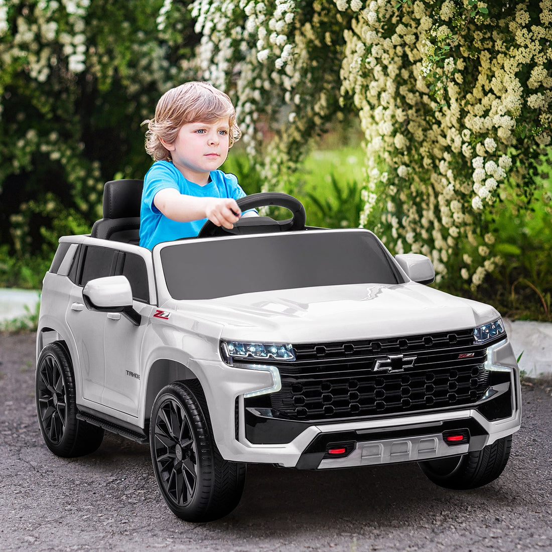 Aosom Chevrolet Tahoe Licensed Kids Ride On Car, 12V Battery Powered Kids Electric Car With Remote Control, Music, Lights, Horn, Suspension For 3 6 Years Old, White White Steel