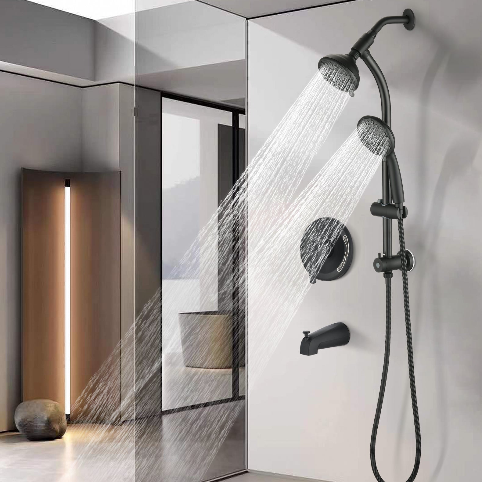 Drill Free Stainless Steel Slide Bar Combo Rain Showerhead 7 Setting Hand, Dual Shower Head Spa System With Tup Spout Rough In Valve Included Matte Black Abs