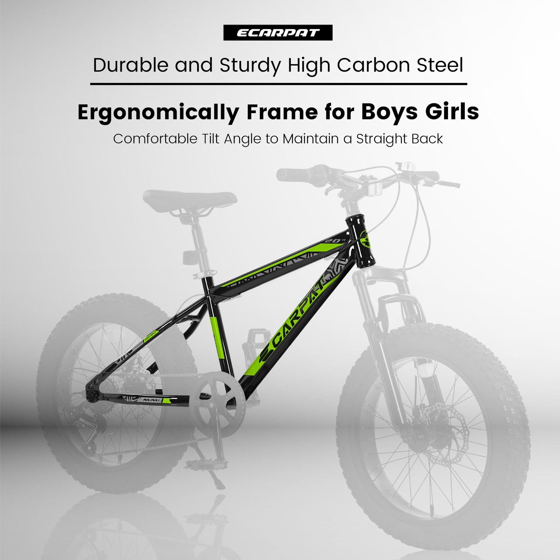 S20109 Kids' Bike 20 Inch Wheels Fat Tire Bike, 4" Wide Fat Tire Snow Mountain Bike Ages 8 12 Year Old, Steel Frame, 7 Speed Teenager Children Kids' Bicycles Cycling Blackish Green Without Durable Garden & Outdoor Modern,Sporty Multifunctional