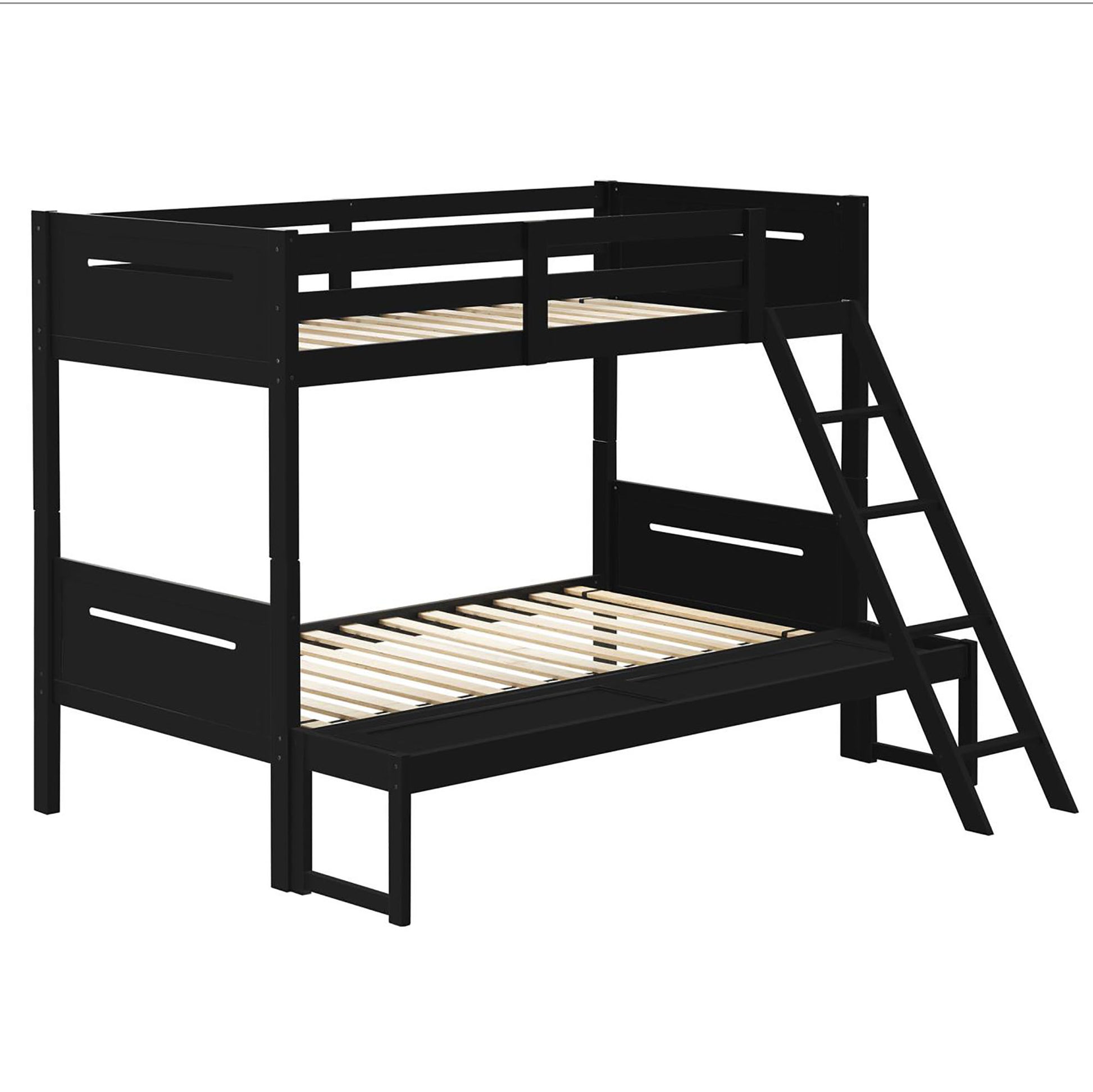 Black Twin Full Bunk Bed With Built In Ladder Twin Black Wood Bedroom Transitional Rubberwood Bunk Wood