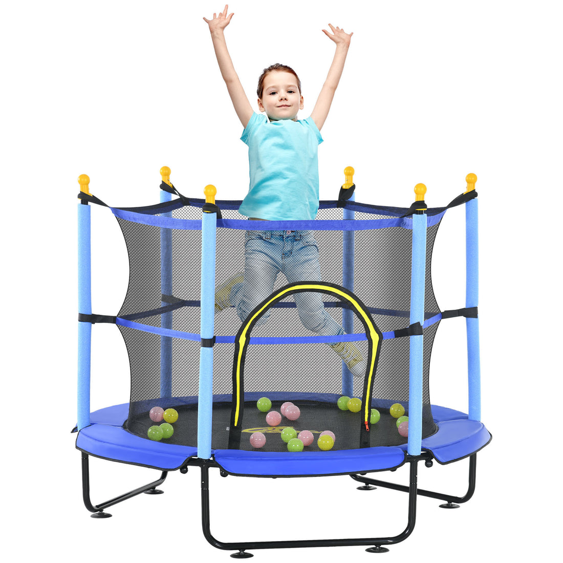 Qaba 4.6' Trampoline For Kids, 55 Inch Toddler Trampoline With Safety Enclosure & Ball Pit For Indoor Or Outdoor Use, Built For Kids 3 10 Years, Blue Blue Steel