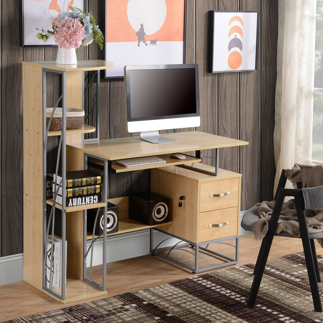 Homcom Modern Computer Desk With 4 Tier Bookshelf, Home Office Writing Table Workstation With Tower Storage Shelves Keyboard Tray & Lockable Drawers, Natural Natural Particle Board