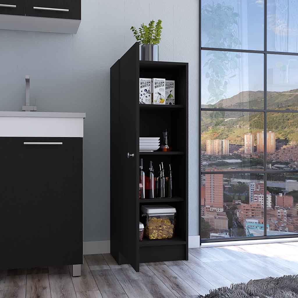 Kitchen Pantry 47" H, One Door Cabinet, Four Interior Shelves, Black Black Particle Board Particle Board