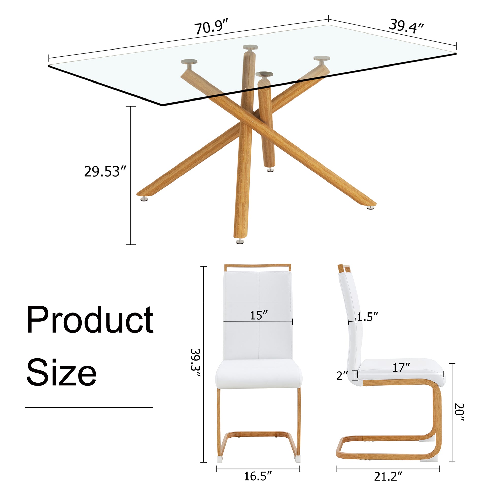 1 Table With 6 Chairs. Glass Dining Table With 0.39 "Tempered Glass Tabletop And Wooden Metal Legs. Pu Leather High Backrest Cushioned Side Chair With C Shaped Chrome Metal Legs. Transparent Glass
