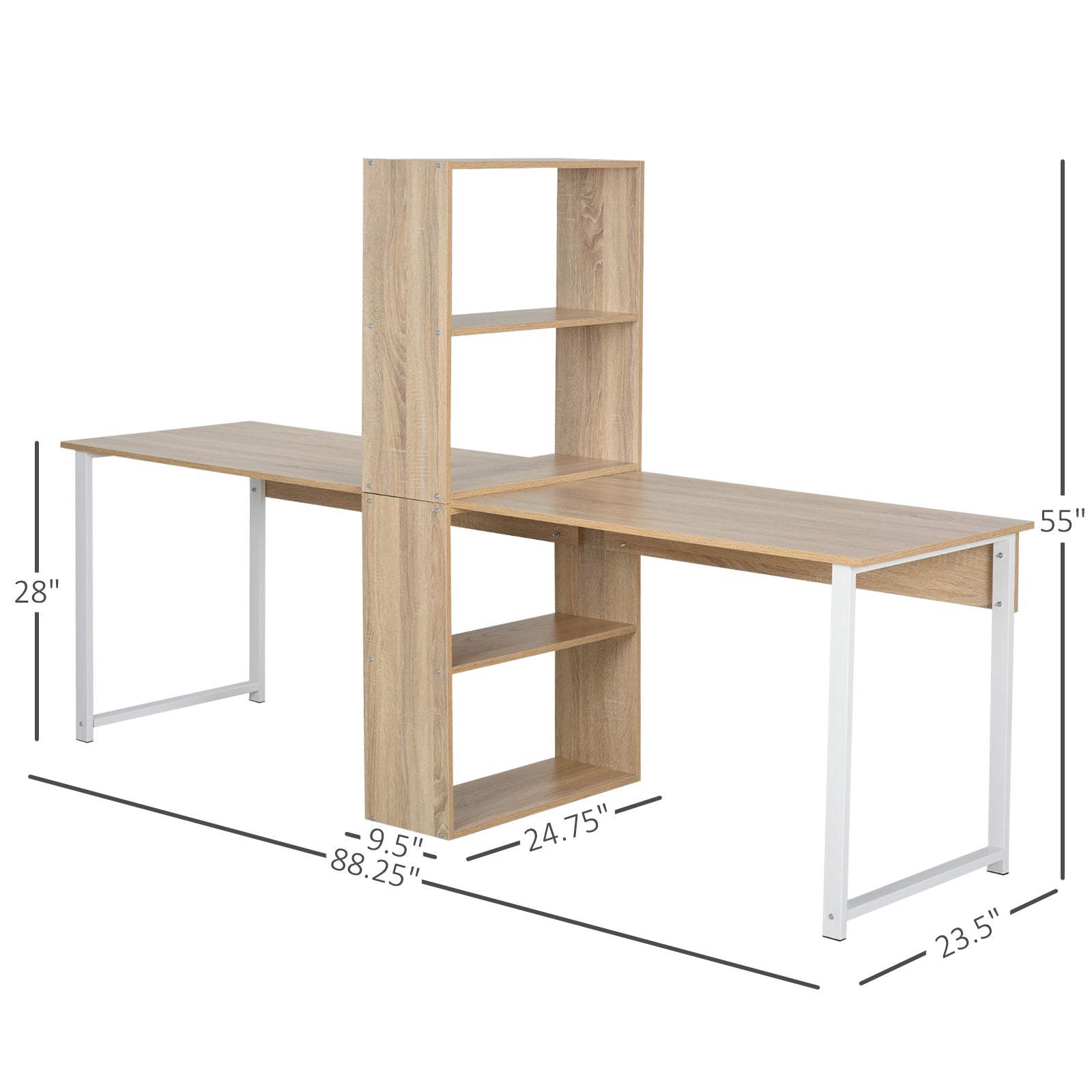 Homcom 88" Extra Long 2 Person Computer Desk With Storage Shelves Combo, Double Workstation Storage Study Writing Table For Home Office, Bookshelf, Natural Wood Color Natural Particle Board