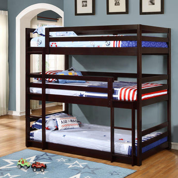 Cappuccino Triple Twin Bunk Bed Twin Brown Wood Bedroom Transitional Pine Bunk Wood