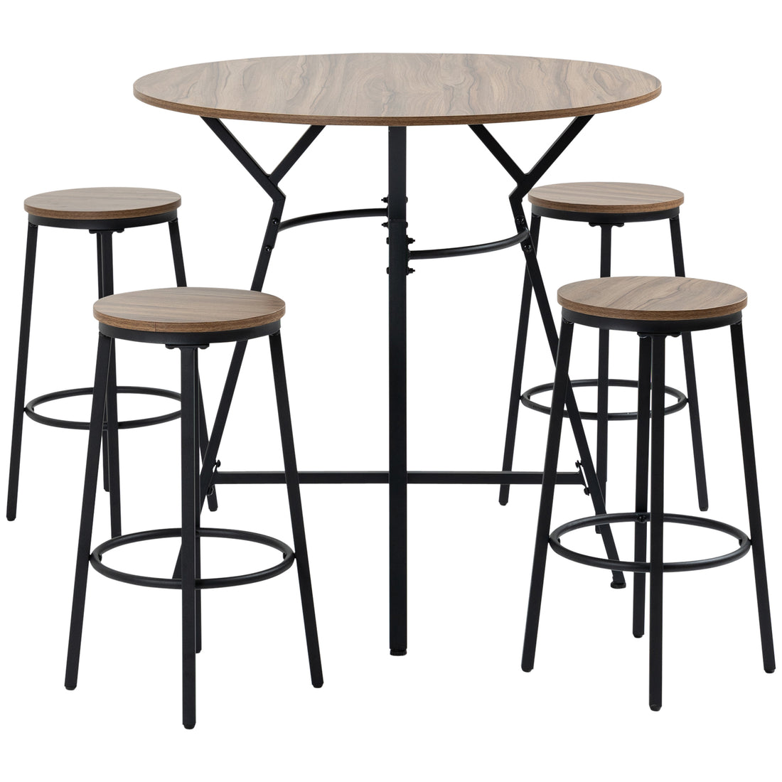 Homcom Industrial 5 Piece Bar Table And Chairs Set, Space Saving Dining Table With 4 Stools For Pub And Kitchen, Black & Brown Brown Particle Board