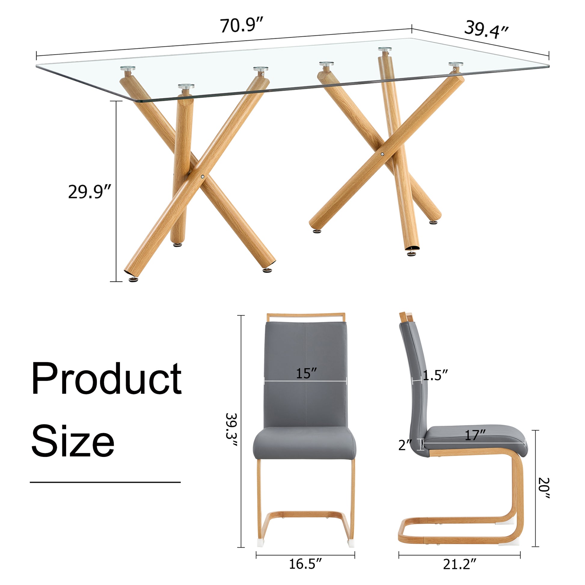 1 Table And 4 Chairs. Glass Dining Table With 0.39 "Tempered Glass Tabletop And Wooden Metal Legs.Grey Puleather High Backrest Soft Padded Side Chair With Wooden Color C Shaped Tube Chrome Metal Leg Transparent Glass