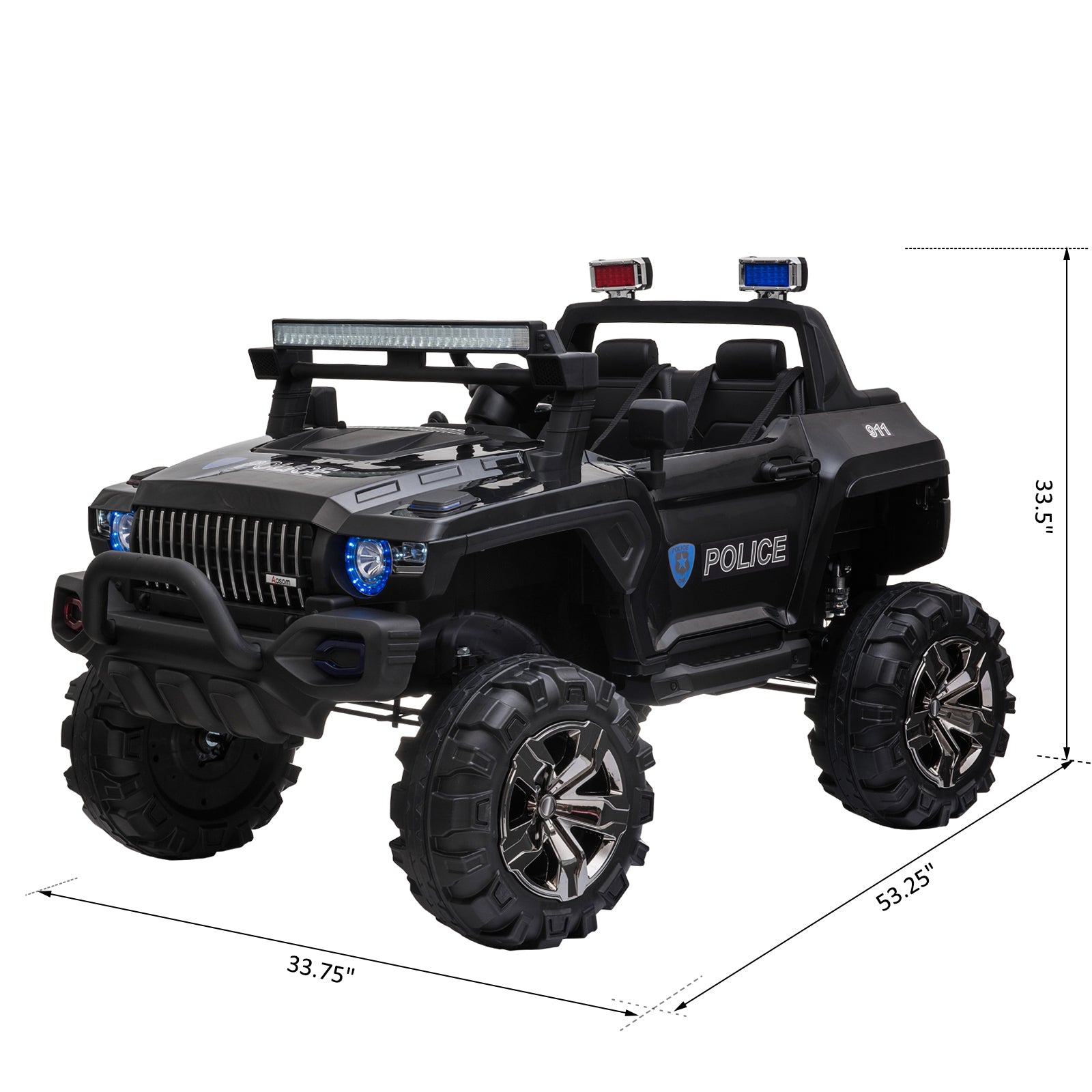 Aosom Big Size 53"L 2 Seater 12V Police Car Ride On Truck With Remote Control And Siren, Battery Operated Electric Car For Kids With Suspension, Mp3 Player, Lights, Music, Horn, Black Black Steel